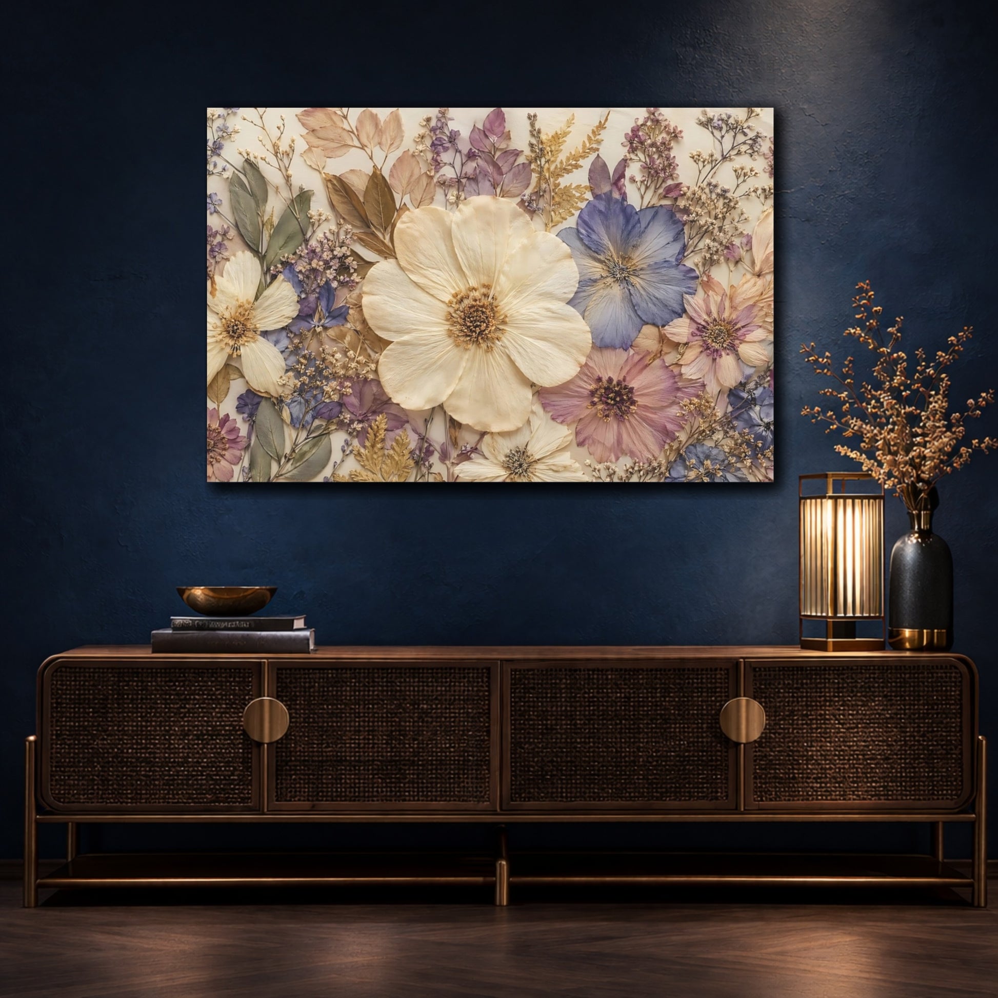 Mockup 4. Floral Pressed Flowers Pastel Floral shown as stretched canvas wall art