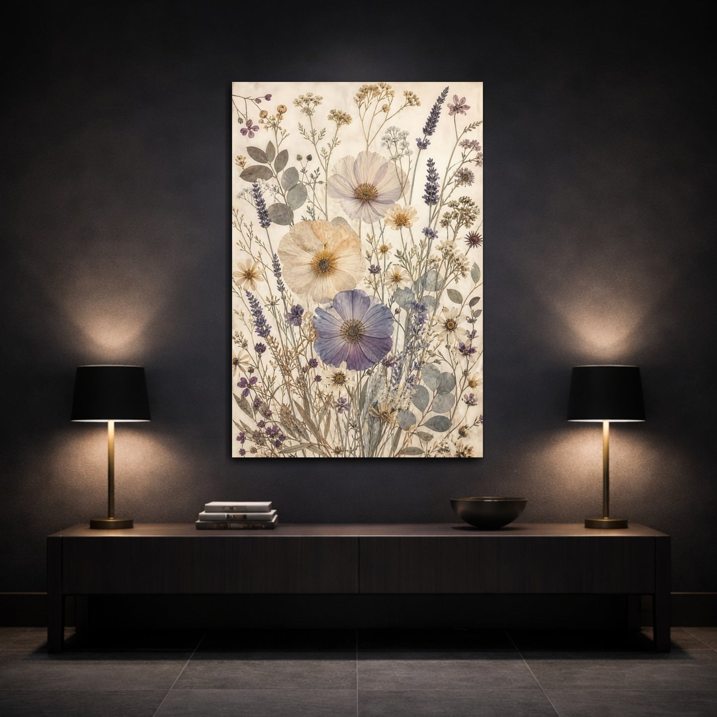 Mockup 3. Floral Pressed Flowers Pressed Floral shown as stretched canvas wall art