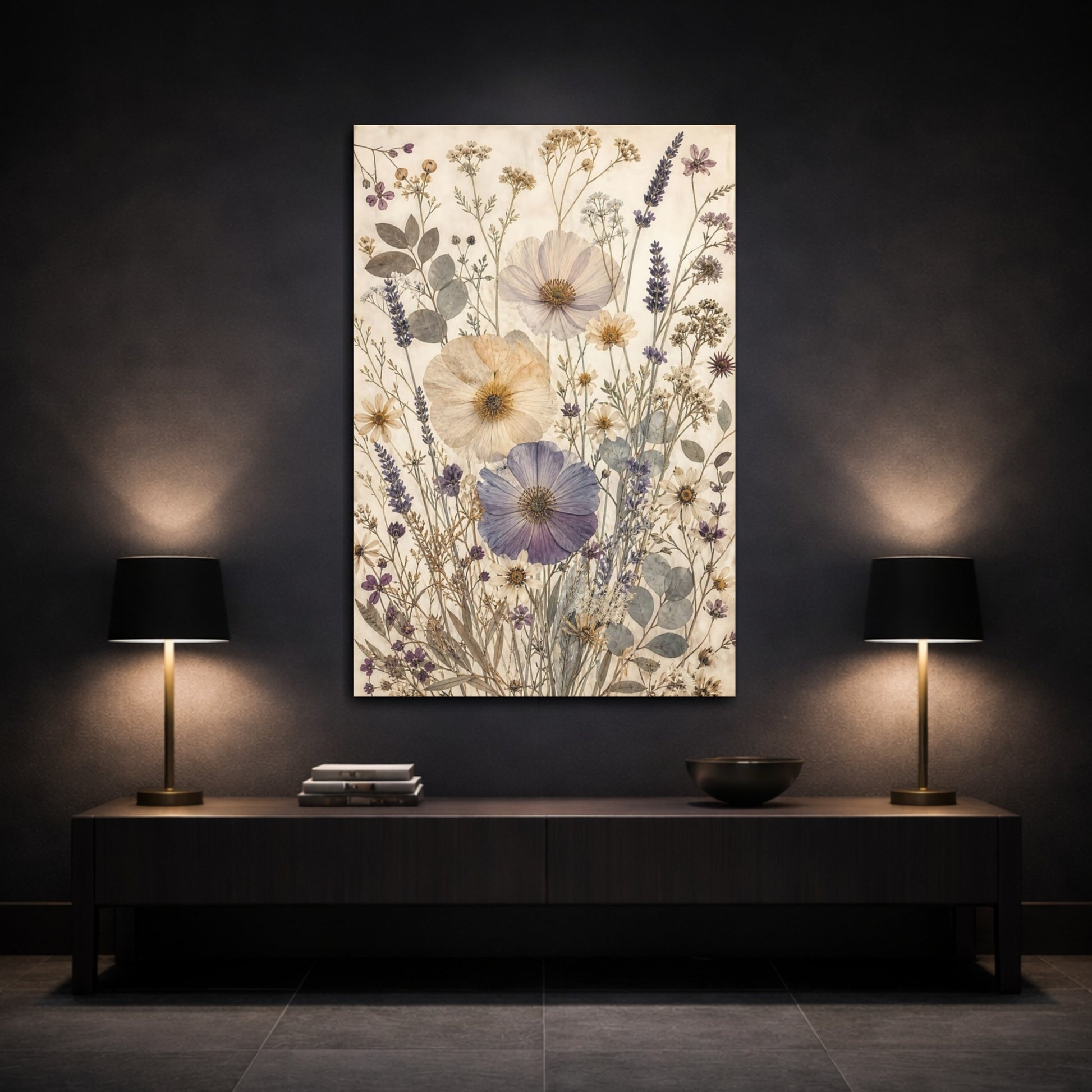 Mockup 3. Floral Pressed Flowers Pressed Floral shown as stretched canvas wall art