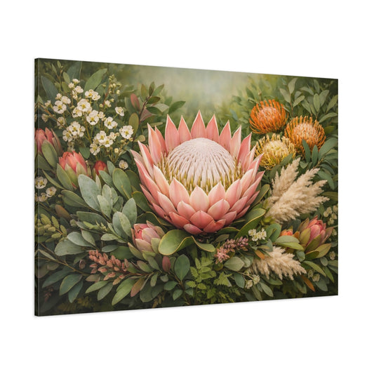 Main Mockup. Floral Protea Flower Pink And Green Floral shown as stretched canvas wall art