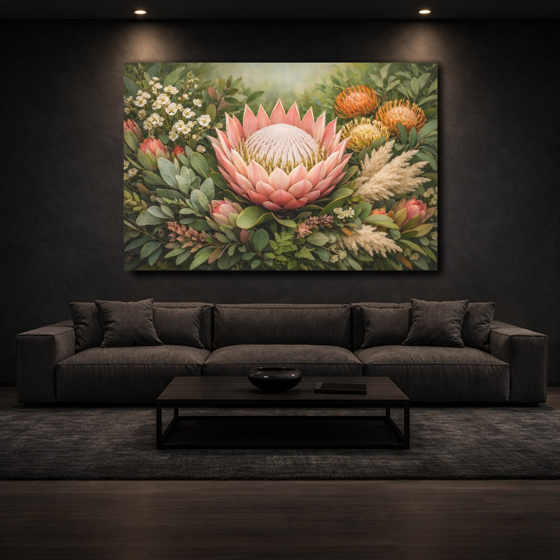 Mockup 2. Floral Protea Flower Pink And Green Floral shown as stretched canvas wall art