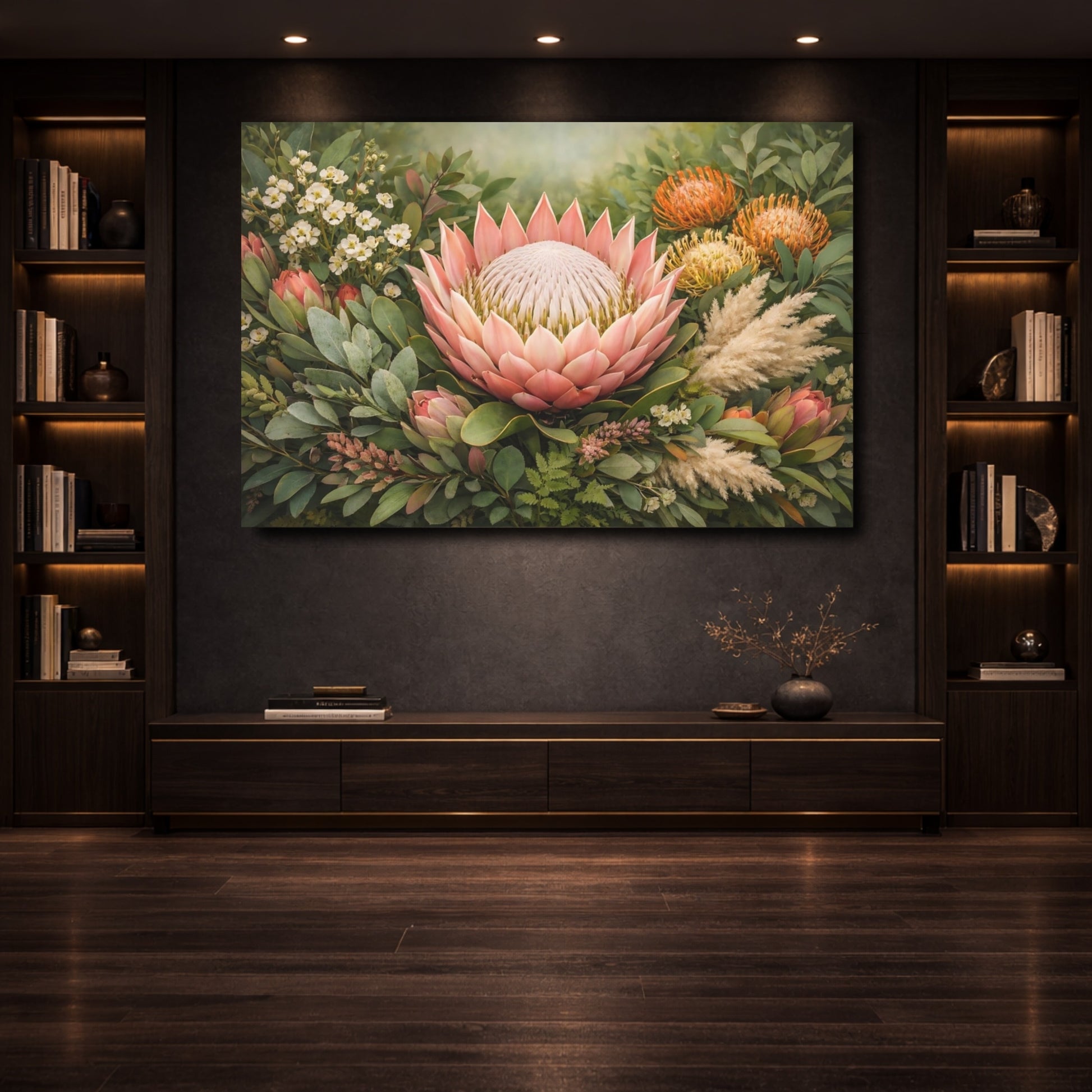 Mockup 3. Floral Protea Flower Pink And Green Floral shown as stretched canvas wall art