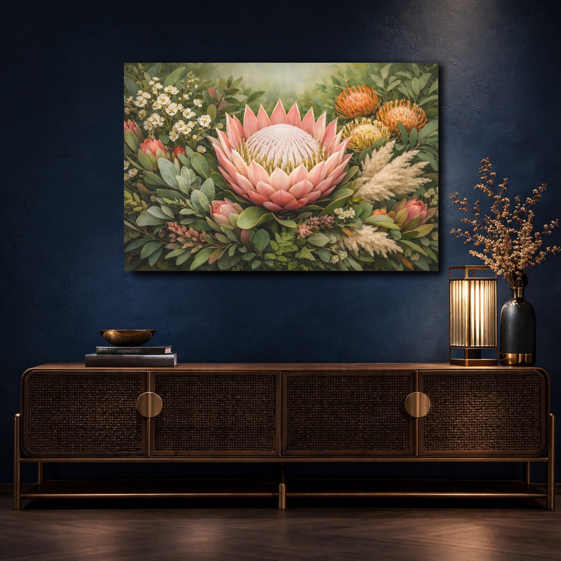 Mockup 4. Floral Protea Flower Pink And Green Floral shown as stretched canvas wall art