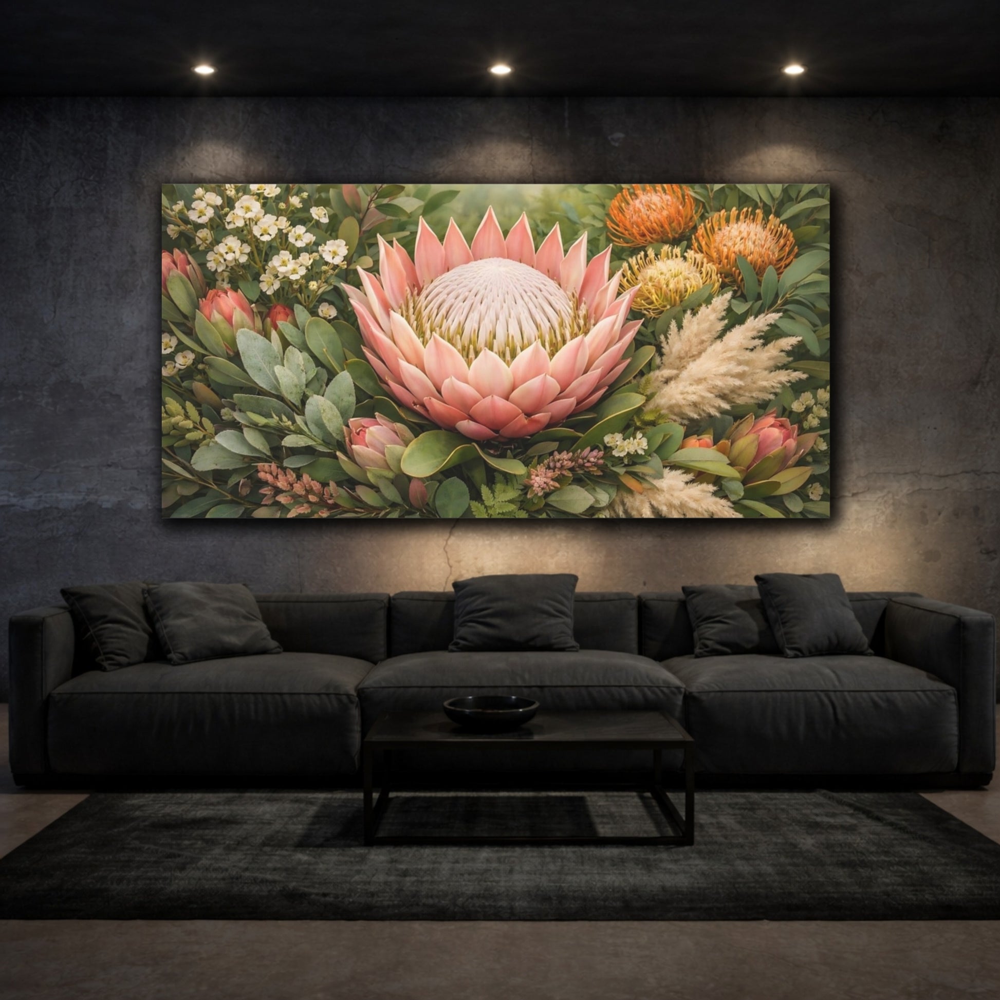 Mockup 2. Floral Protea Flower Pink Protea Floral shown as stretched canvas wall art