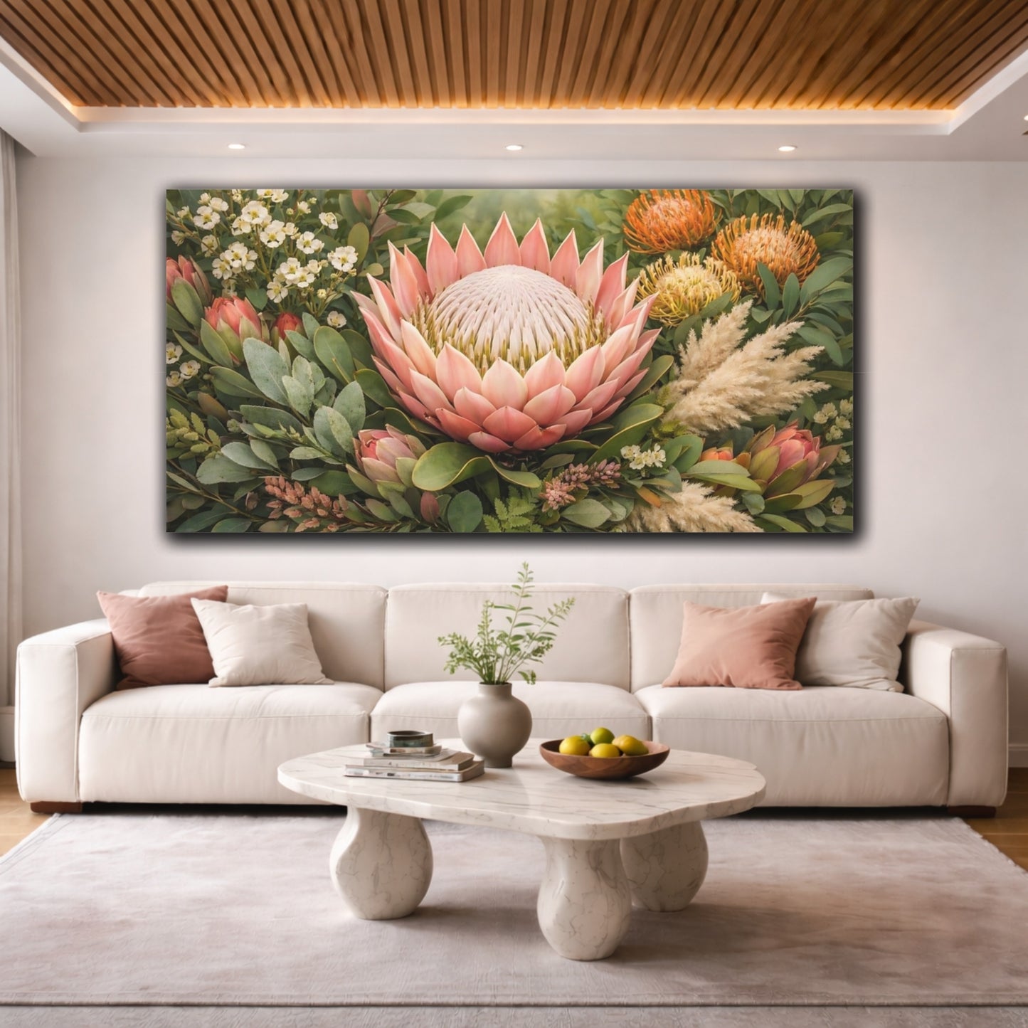 Mockup 3. Floral Protea Flower Pink Protea Floral shown as stretched canvas wall art