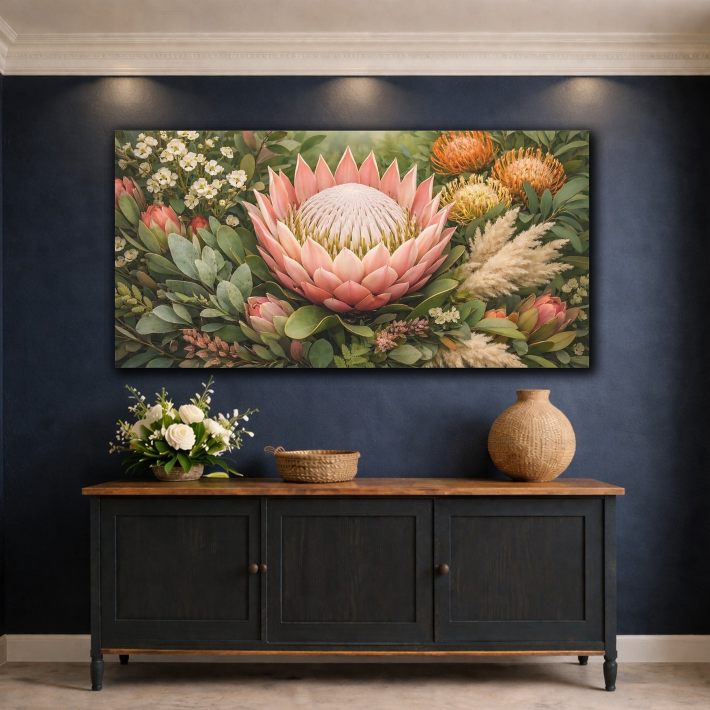 Mockup 4. Floral Protea Flower Pink Protea Floral shown as stretched canvas wall art