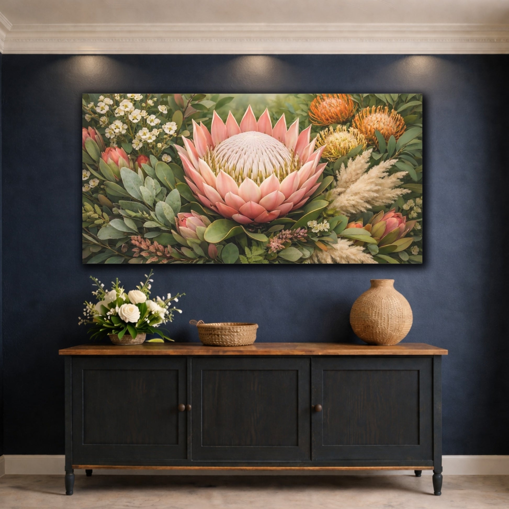 Mockup 4. Floral Protea Flower Pink Protea Floral shown as stretched canvas wall art
