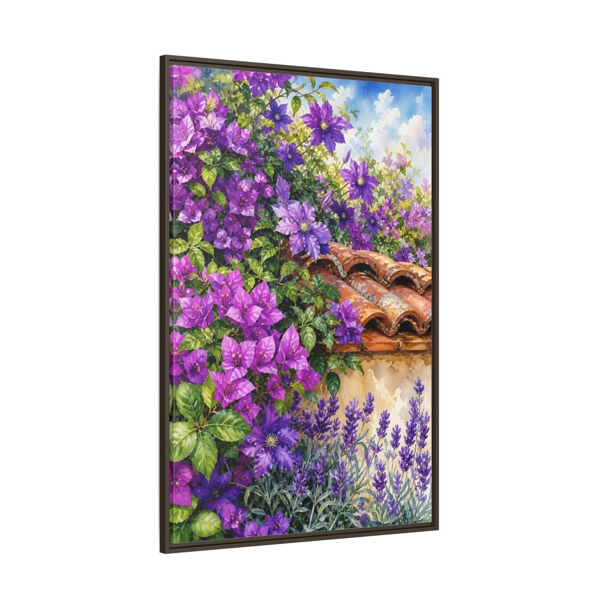 Floral Purple Flowers Garden Framed Canvas Print Wall Art – Watercolor Living Room, Above Console Table - YesArtYes