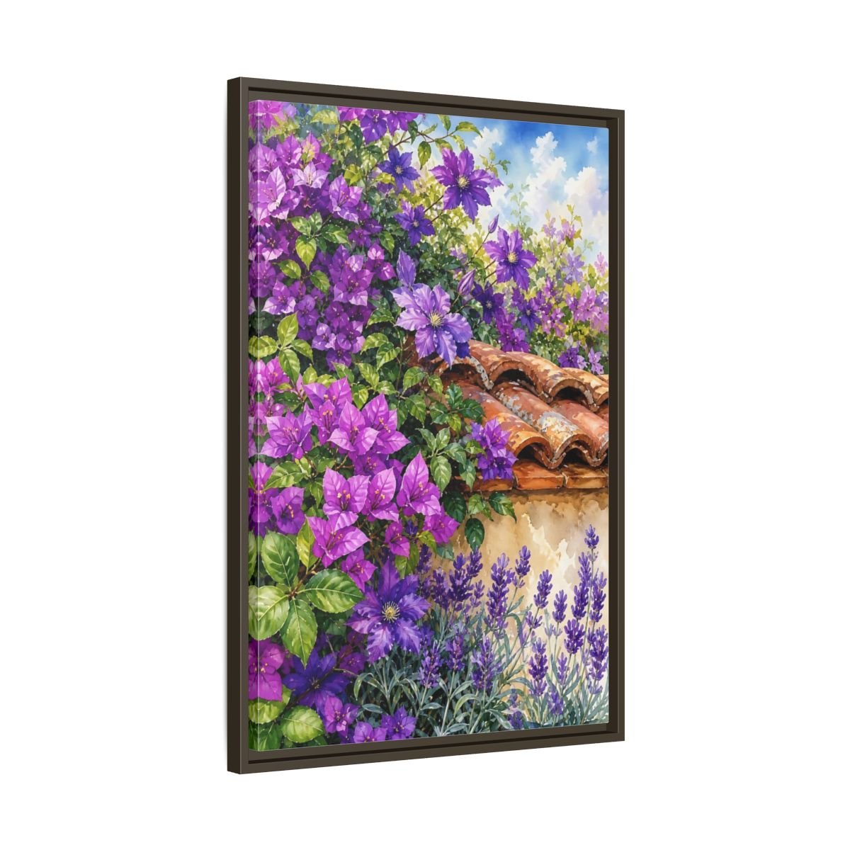 Floral Purple Flowers Garden Framed Canvas Print Wall Art – Watercolor Living Room, Above Console Table - YesArtYes