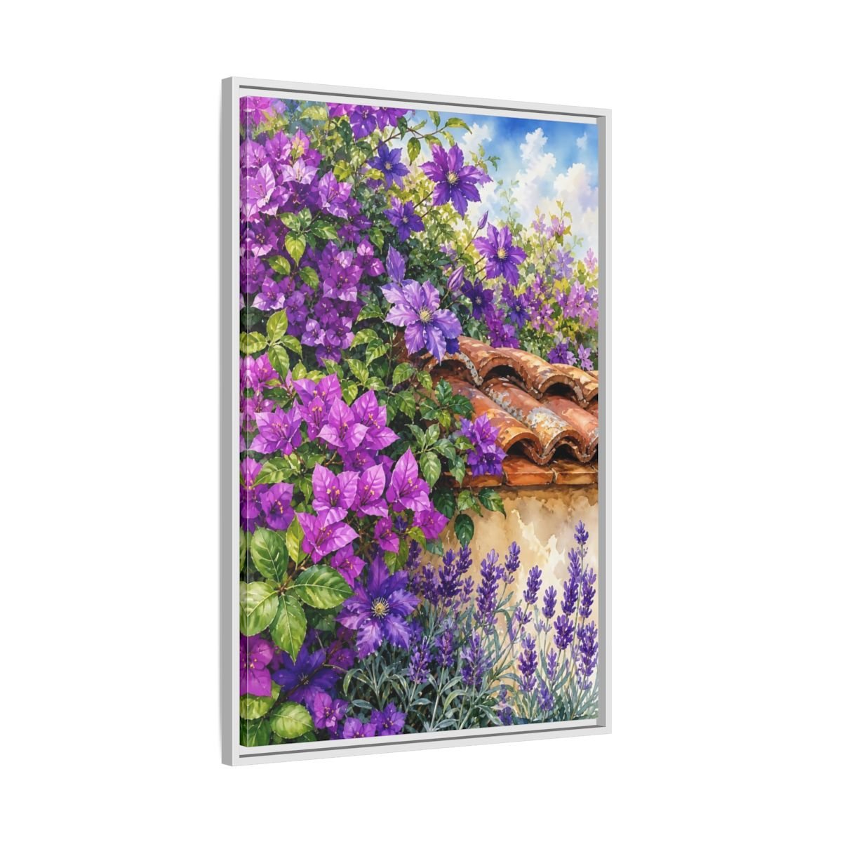 Floral Purple Flowers Garden Framed Canvas Print Wall Art – Watercolor Living Room, Above Console Table - YesArtYes