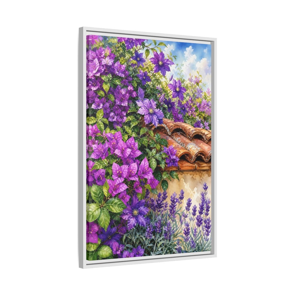 Floral Purple Flowers Garden Framed Canvas Print Wall Art – Watercolor Living Room, Above Console Table - YesArtYes