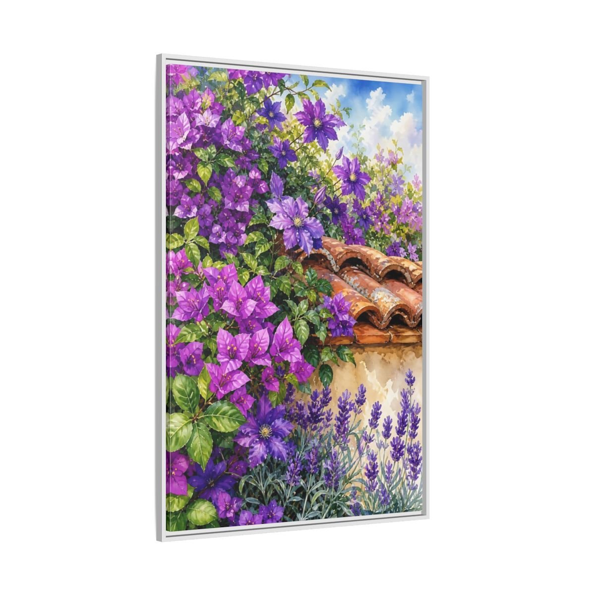 Floral Purple Flowers Garden Framed Canvas Print Wall Art – Watercolor Living Room, Above Console Table - YesArtYes