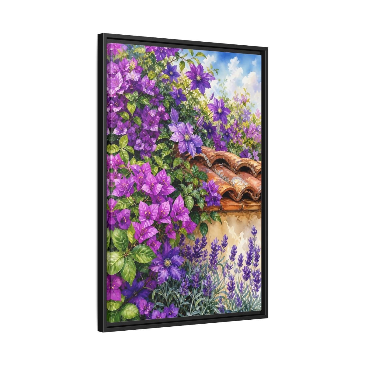 Floral Purple Flowers Garden Framed Canvas Print Wall Art – Watercolor Living Room, Above Console Table - YesArtYes
