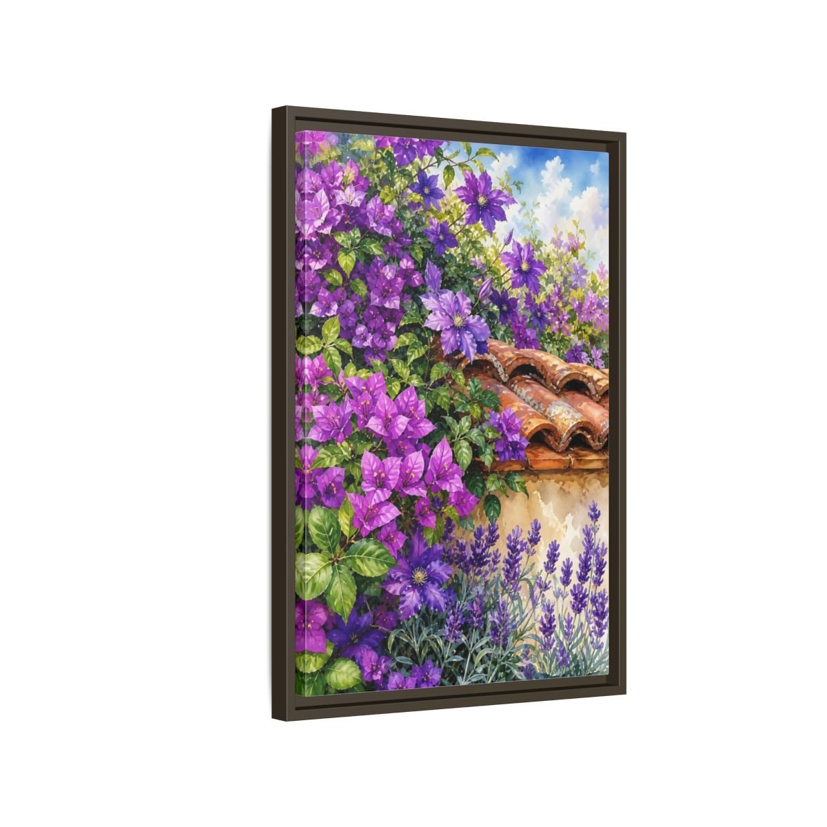 Floral Purple Flowers Garden Framed Canvas Print Wall Art – Watercolor Living Room, Above Console Table - YesArtYes