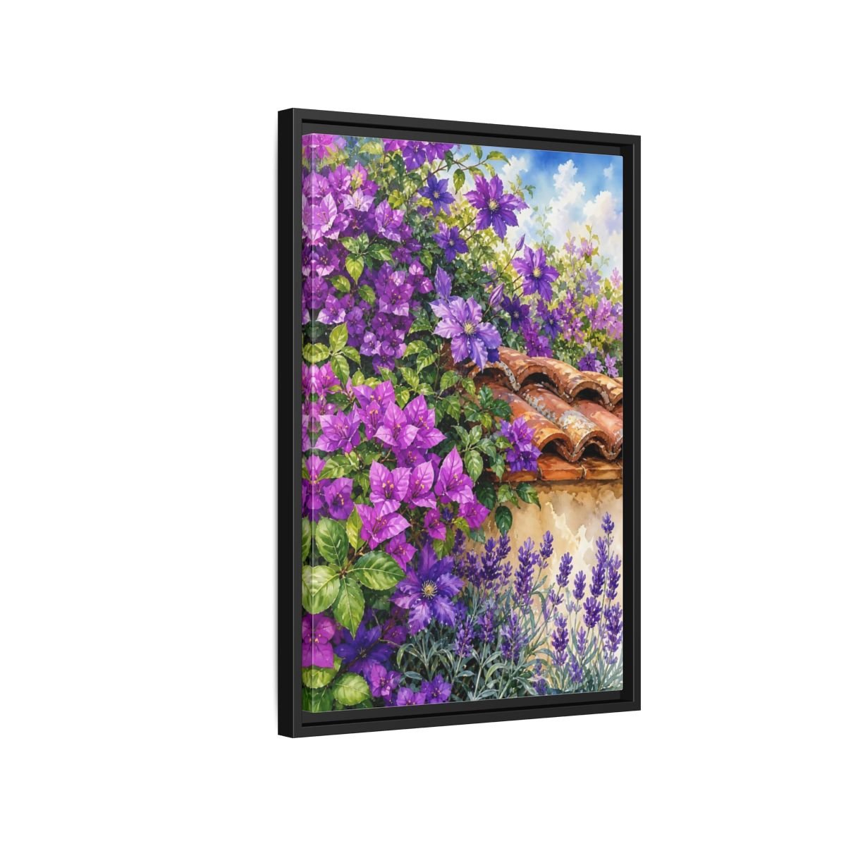 Floral Purple Flowers Garden Framed Canvas Print Wall Art – Watercolor Living Room, Above Console Table - YesArtYes