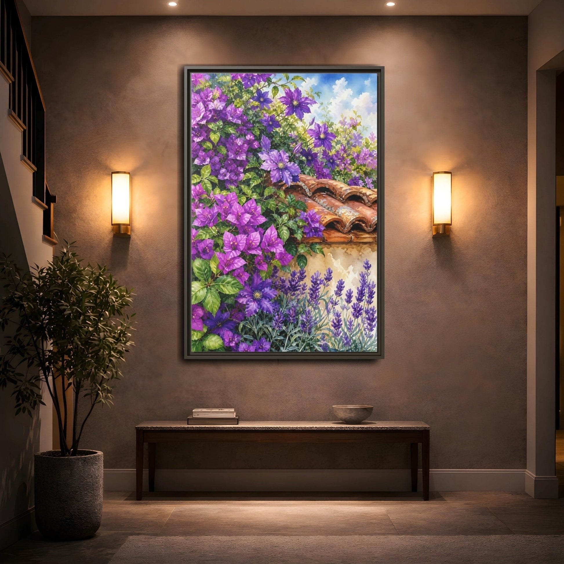 Floral Purple Flowers Garden Framed Canvas Print Wall Art – Watercolor Living Room, Above Console Table - YesArtYes