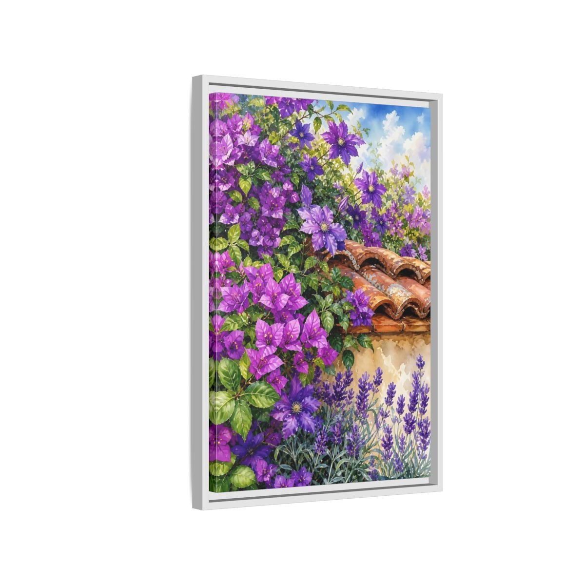 Floral Purple Flowers Garden Framed Canvas Print Wall Art – Watercolor Living Room, Above Console Table - YesArtYes