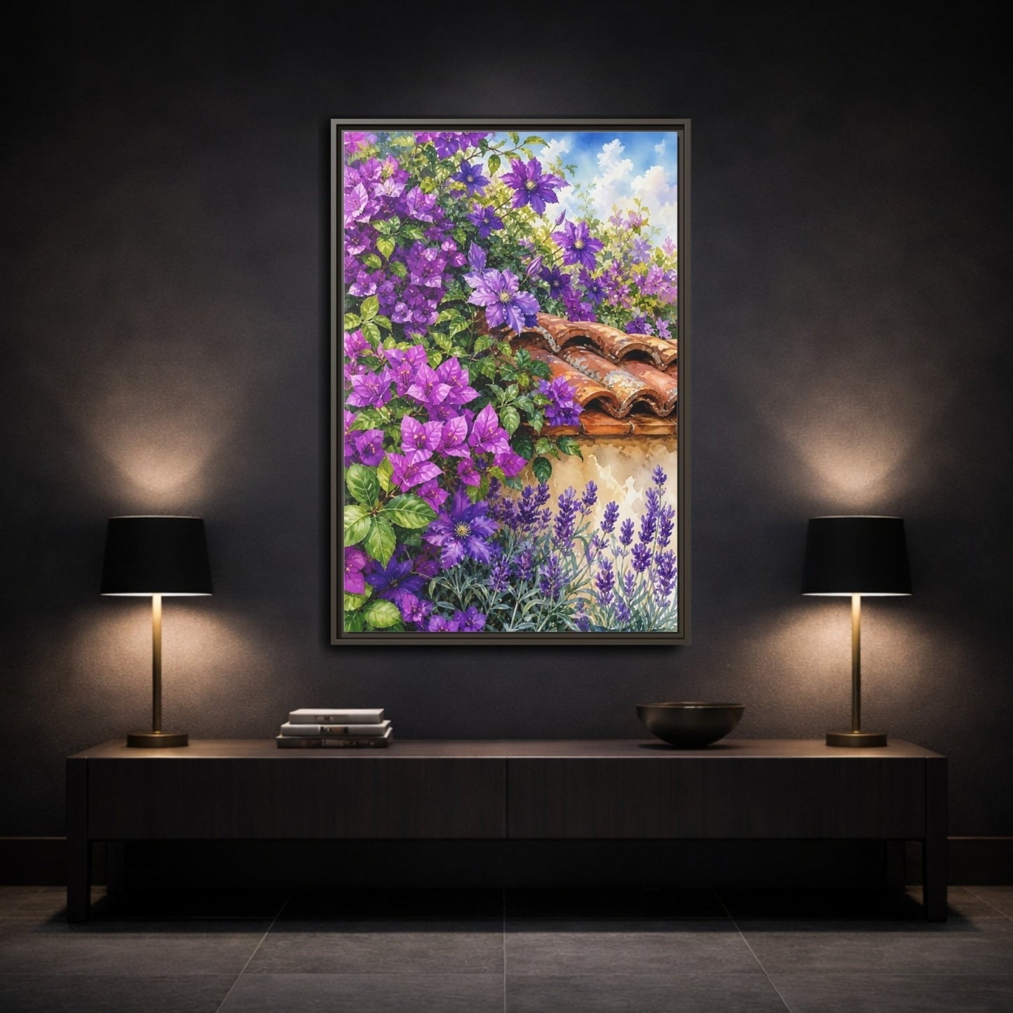 Floral Purple Flowers Garden Framed Canvas Print Wall Art – Watercolor Living Room, Above Console Table - YesArtYes