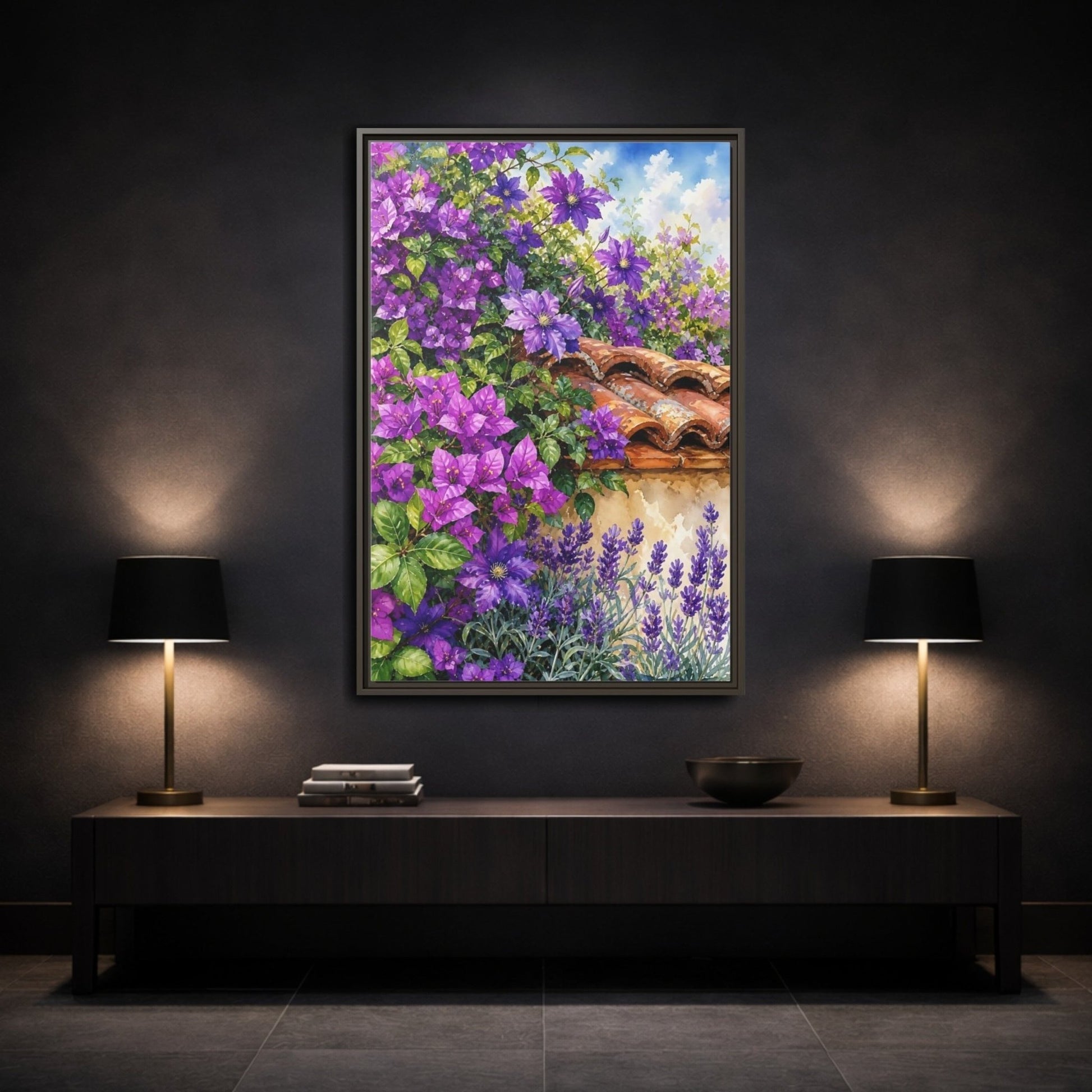 Floral Purple Flowers Garden Framed Canvas Print Wall Art – Watercolor Living Room, Above Console Table - YesArtYes