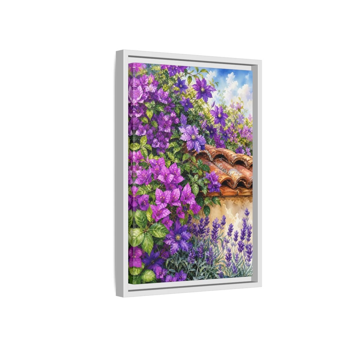 Floral Purple Flowers Garden Framed Canvas Print Wall Art – Watercolor Living Room, Above Console Table - YesArtYes