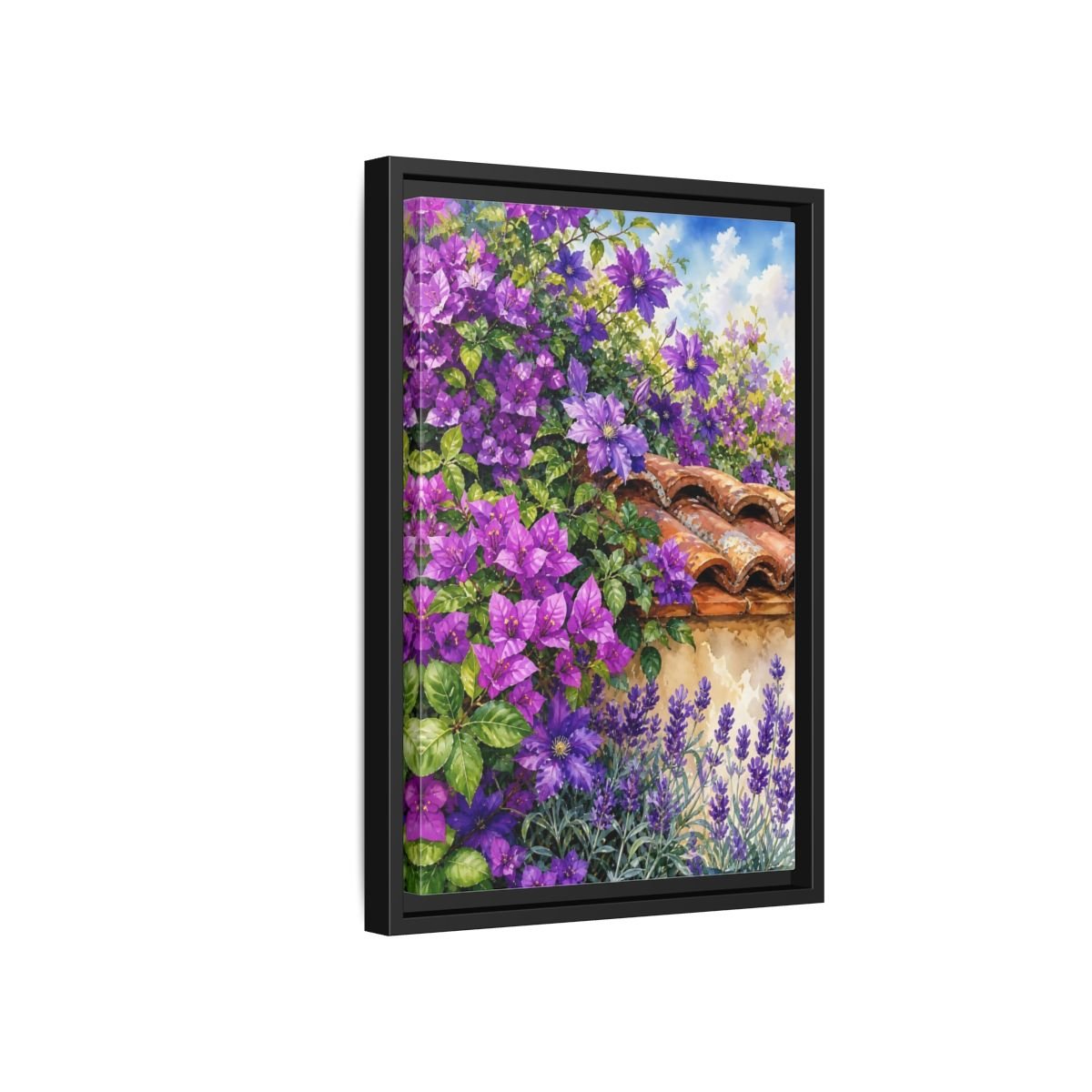 Floral Purple Flowers Garden Framed Canvas Print Wall Art – Watercolor Living Room, Above Console Table - YesArtYes