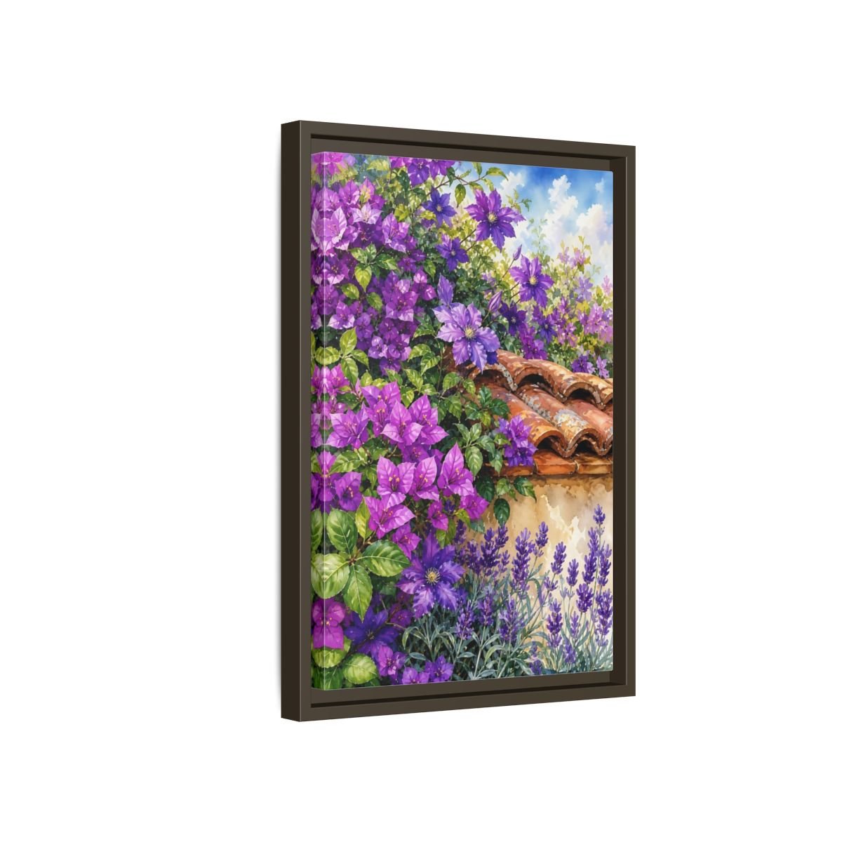 Floral Purple Flowers Garden Framed Canvas Print Wall Art – Watercolor Living Room, Above Console Table - YesArtYes
