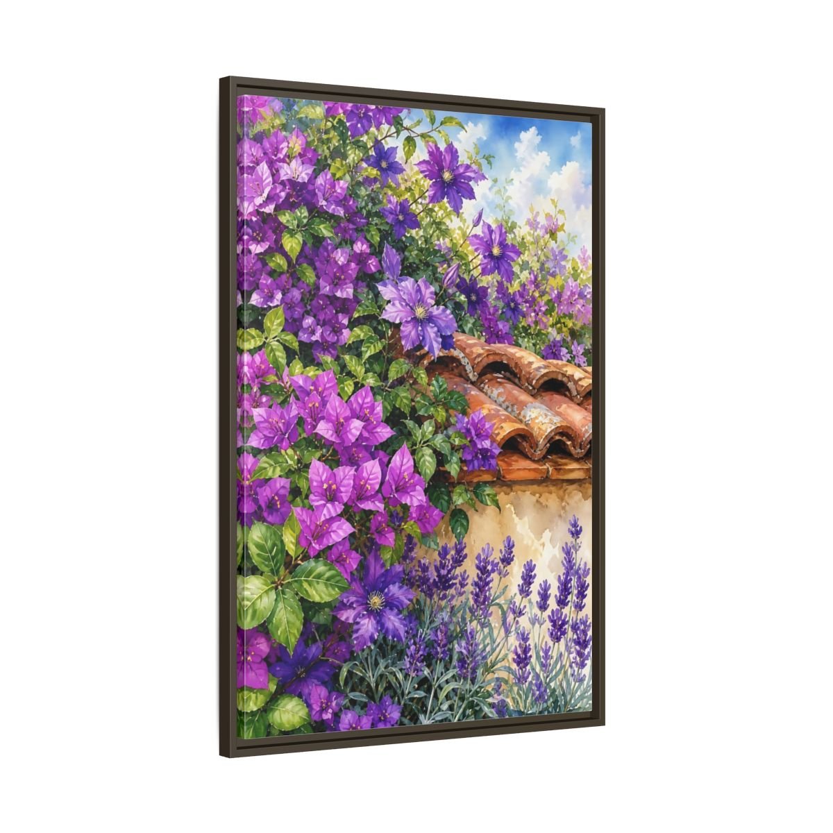 Floral Purple Flowers Garden Framed Canvas Print Wall Art – Watercolor Living Room, Above Console Table - YesArtYes