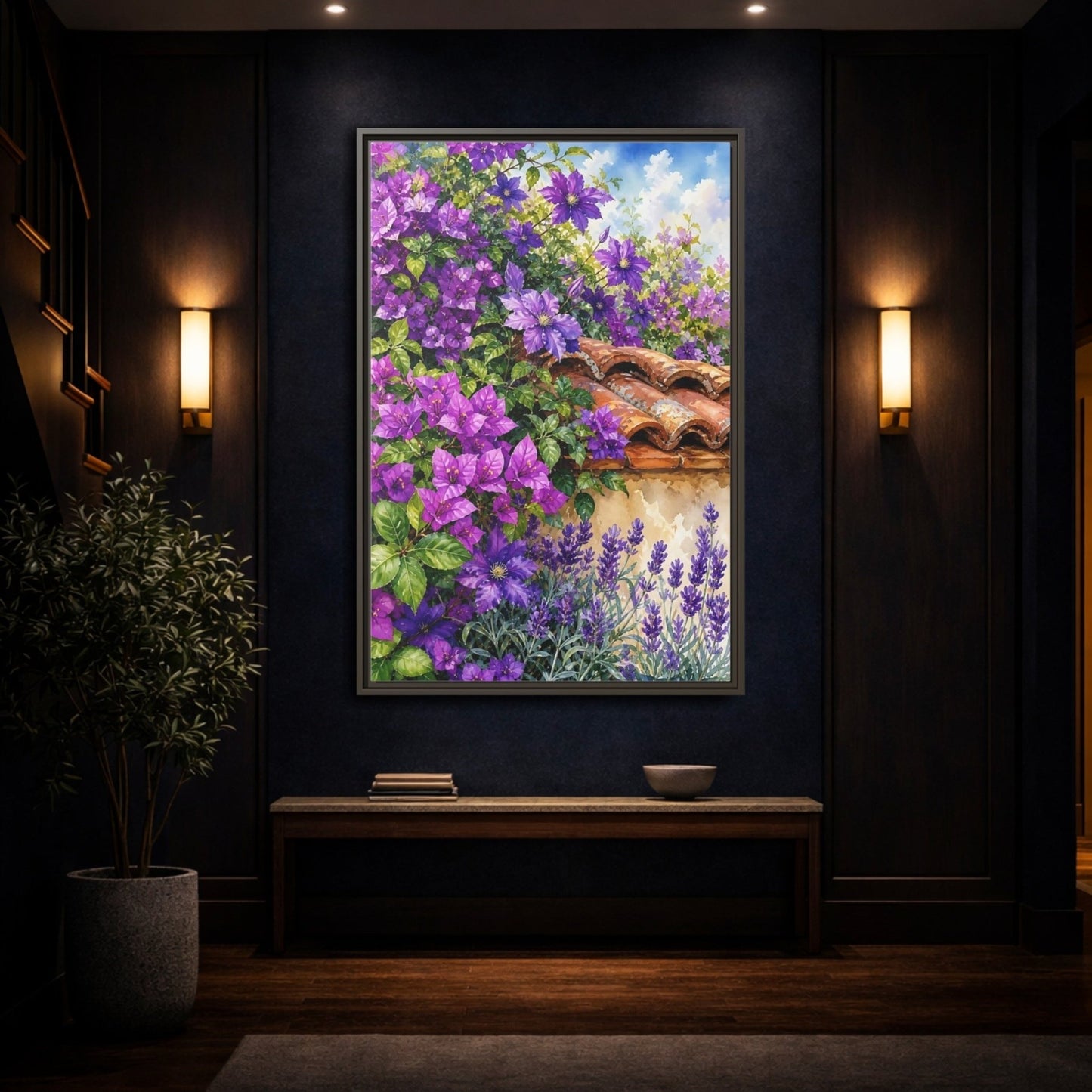 Floral Purple Flowers Garden Framed Canvas Print Wall Art – Watercolor Living Room, Above Console Table - YesArtYes
