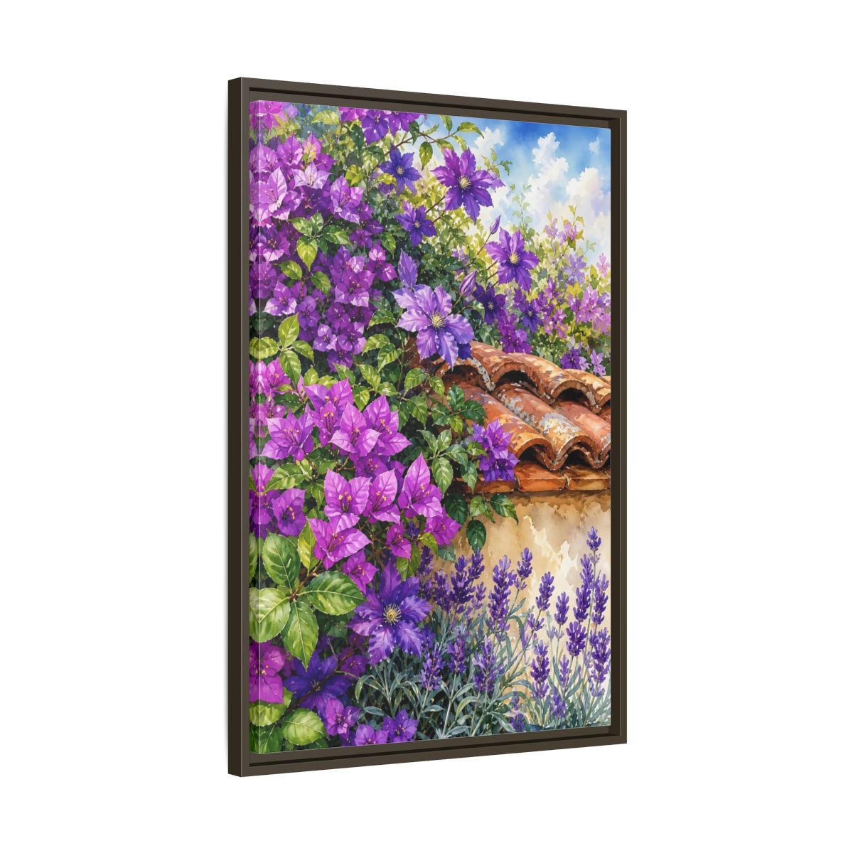 Side Mockup 11. Floral Purple Flowers Purple Flower Garden shown as framed canvas print
