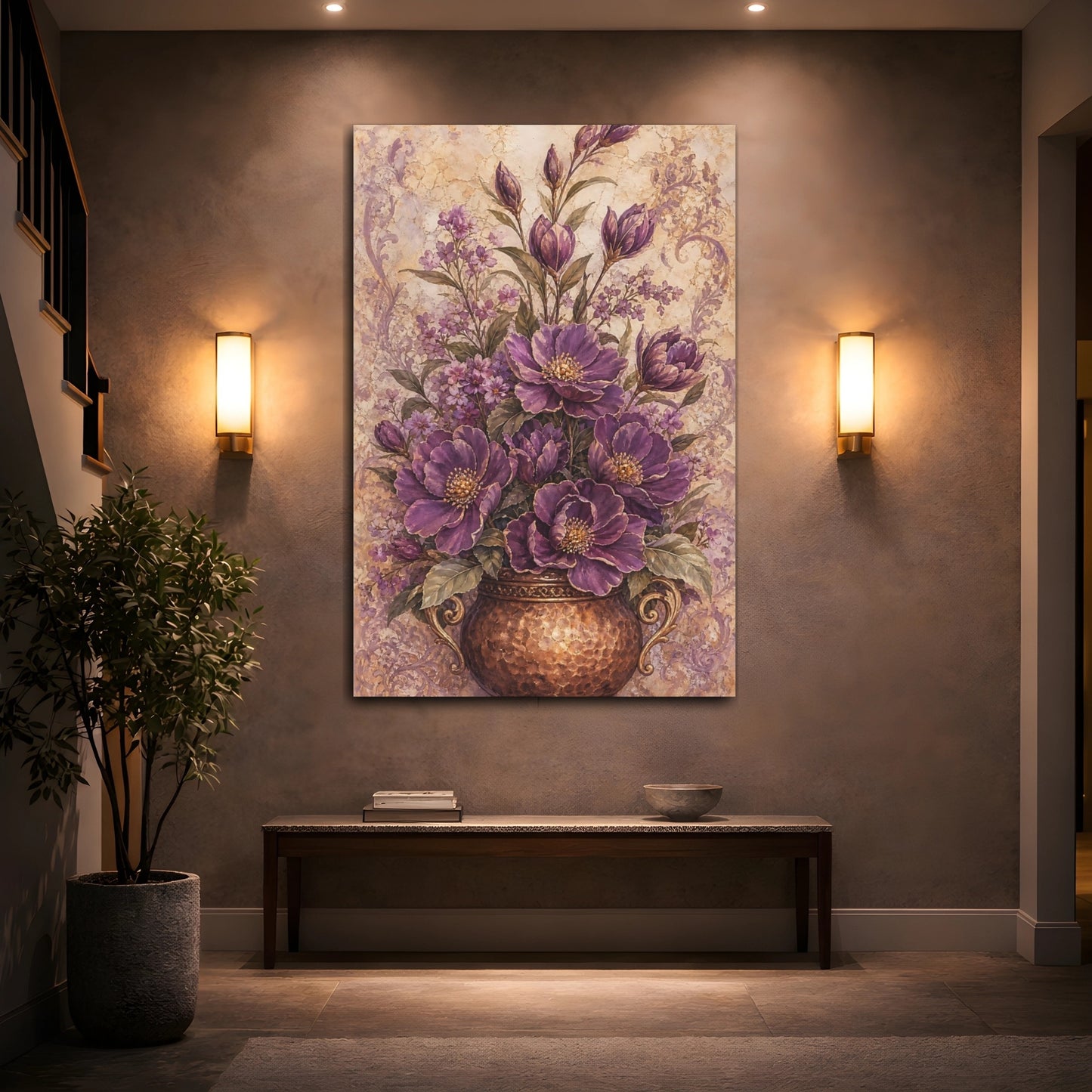 Mockup 2. Floral Purple Flowers Purple Floral Vase shown as canvas print