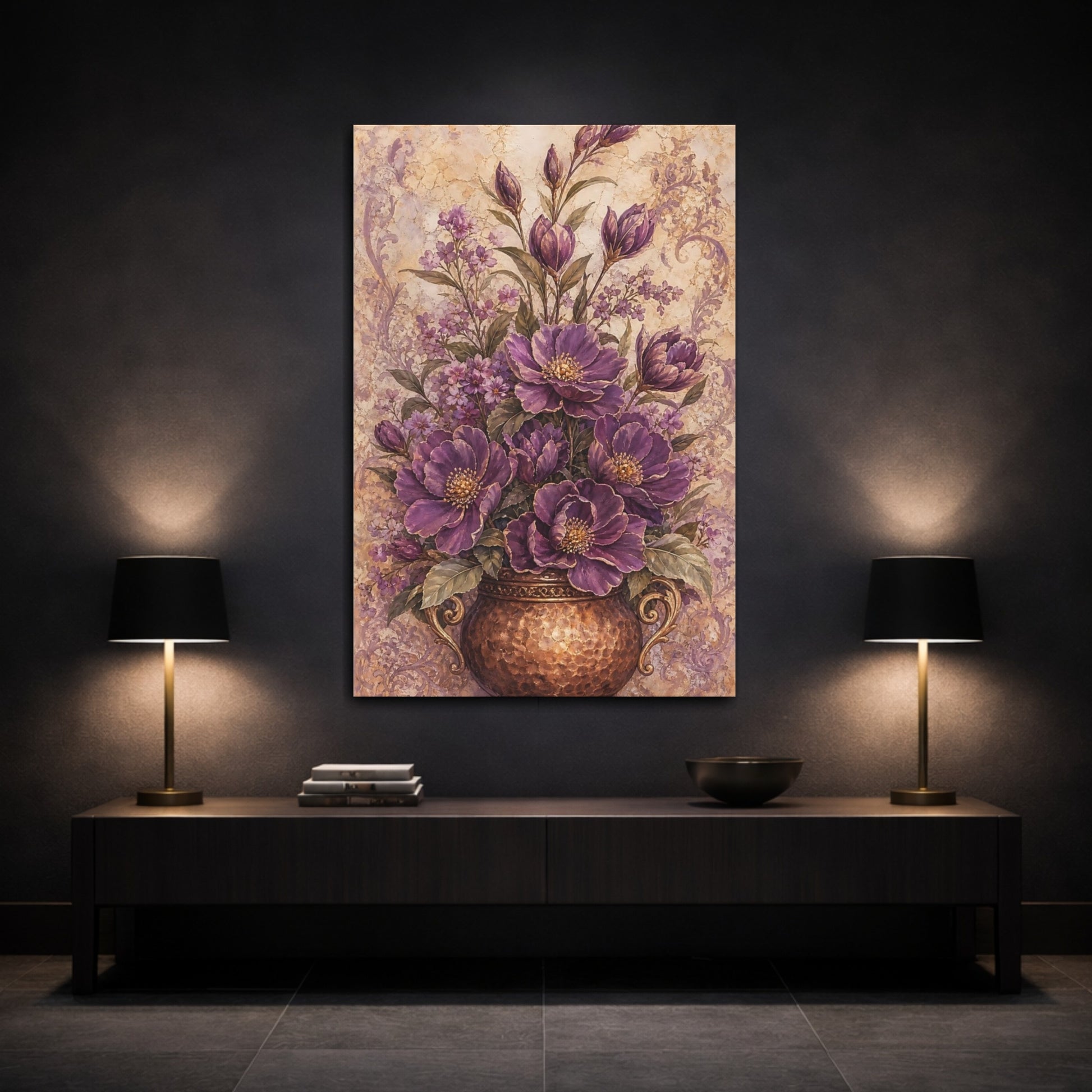 Mockup 3. Floral Purple Flowers Purple Floral Vase shown as canvas print