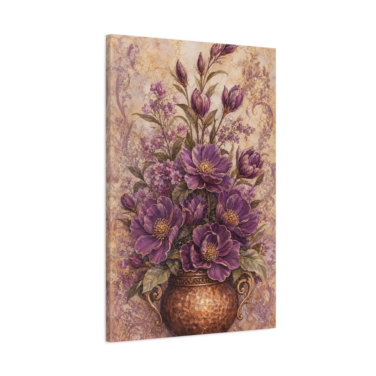 Floral Purple Flowers Vase Canvas Print Wall Art – Vintage Living Room, Above Couch - YesArtYes