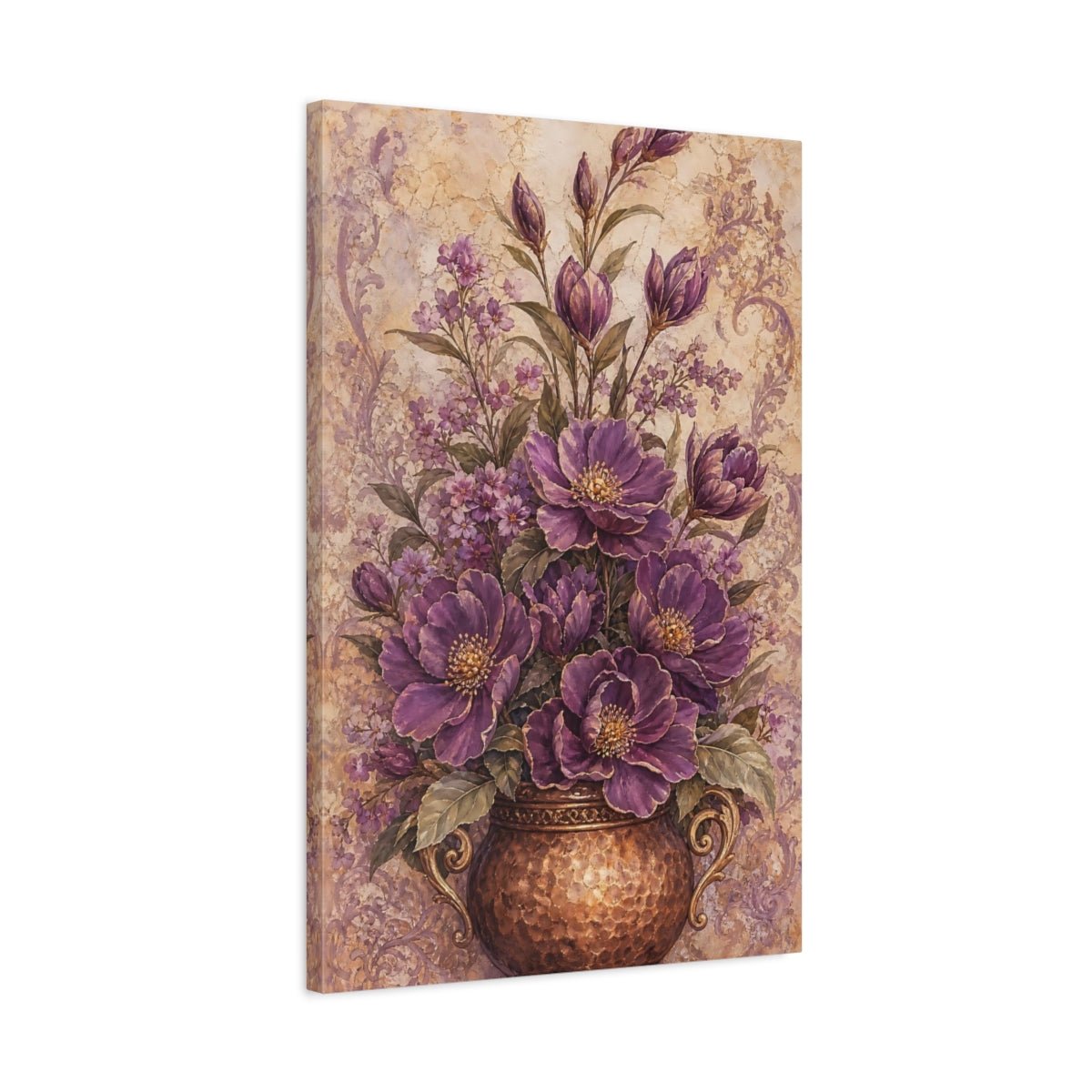 Floral Purple Flowers Vase Canvas Print Wall Art – Vintage Living Room, Above Couch - YesArtYes