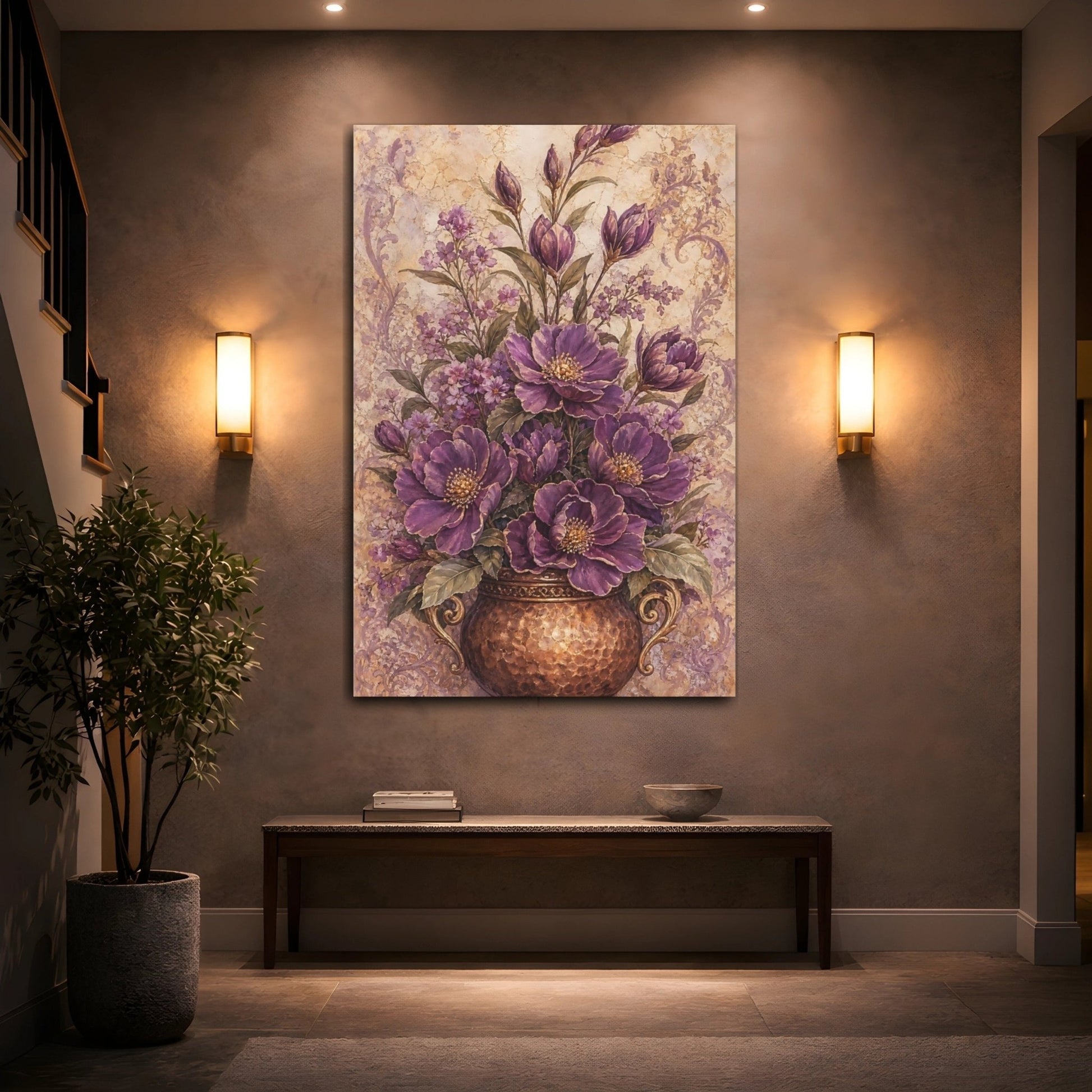 Floral Purple Flowers Vase Canvas Print Wall Art – Vintage Living Room, Above Couch - YesArtYes