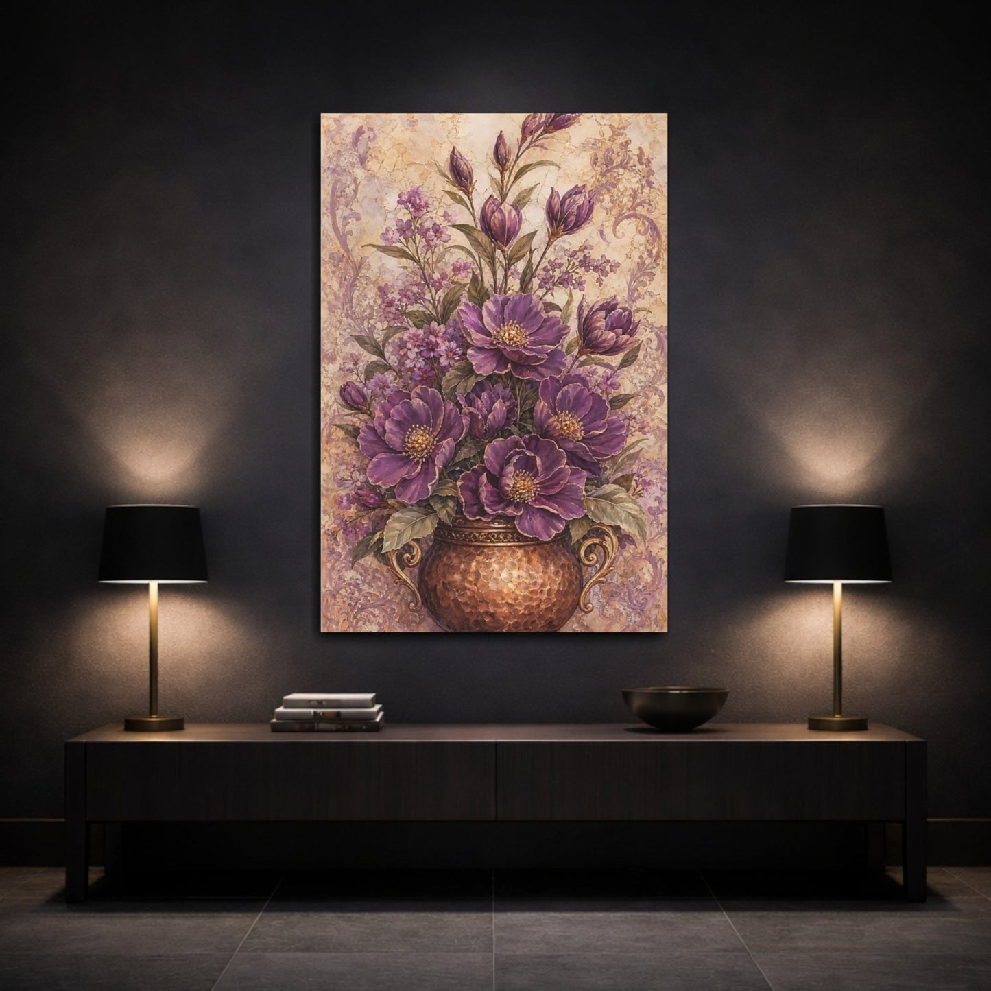 Floral Purple Flowers Vase Canvas Print Wall Art – Vintage Living Room, Above Couch - YesArtYes