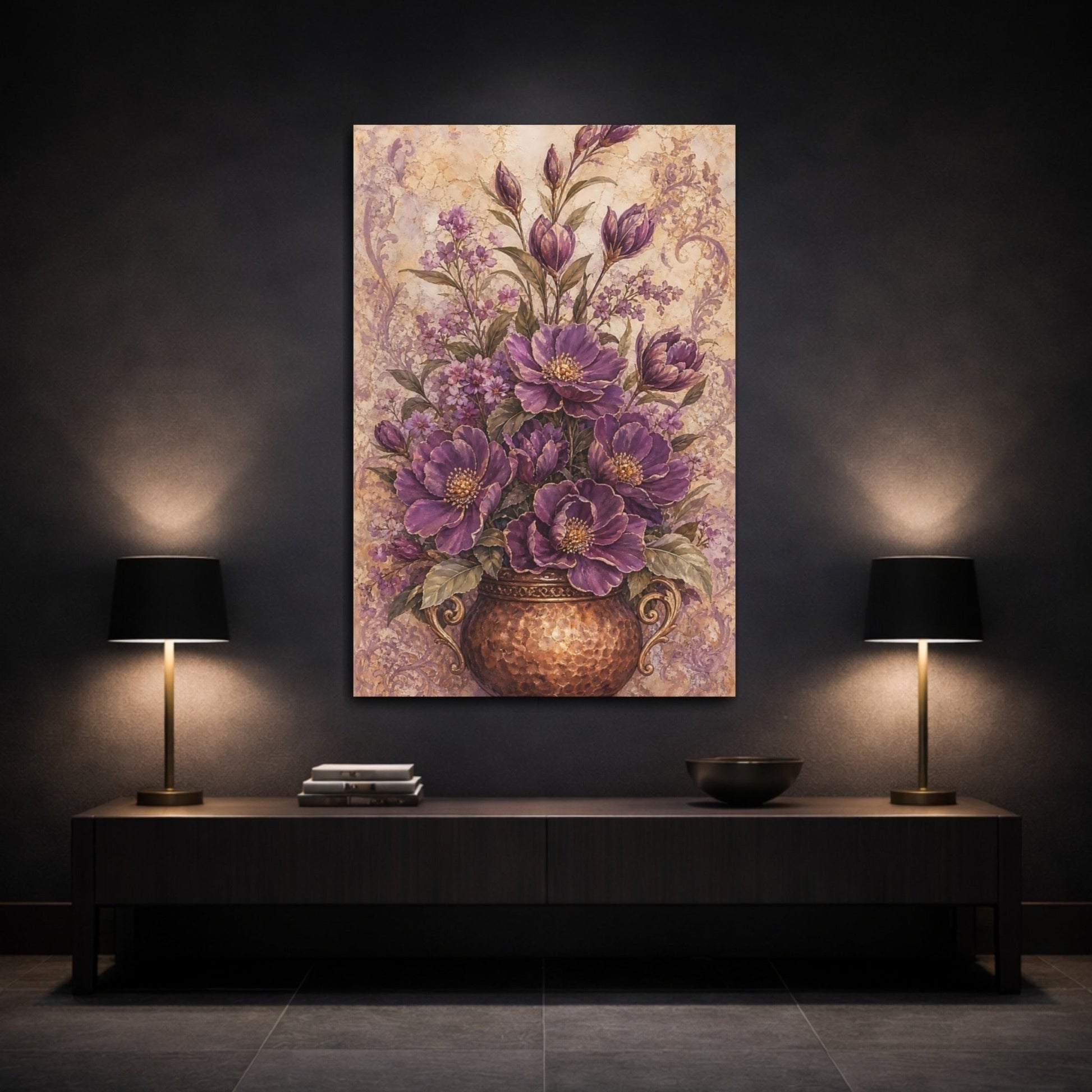 Floral Purple Flowers Vase Canvas Print Wall Art – Vintage Living Room, Above Couch - YesArtYes