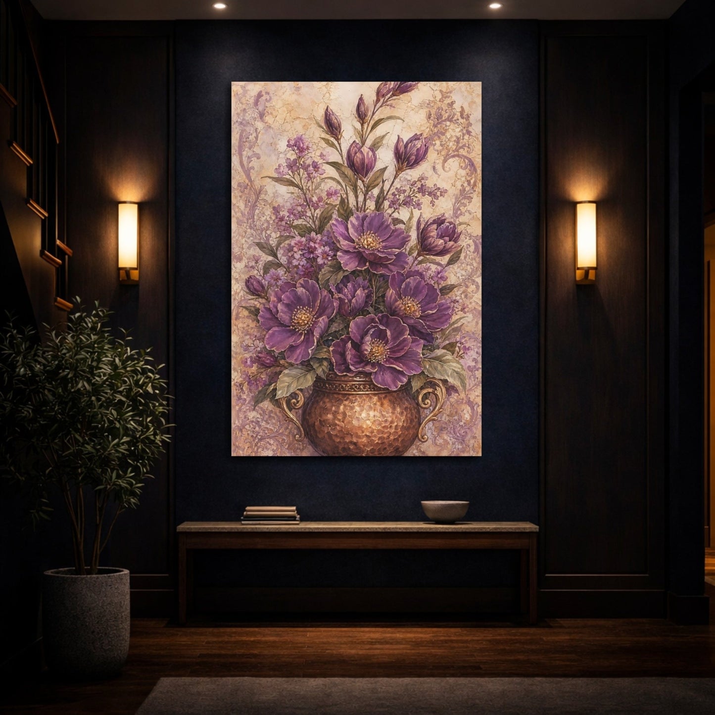 Floral Purple Flowers Vase Canvas Print Wall Art – Vintage Living Room, Above Couch - YesArtYes