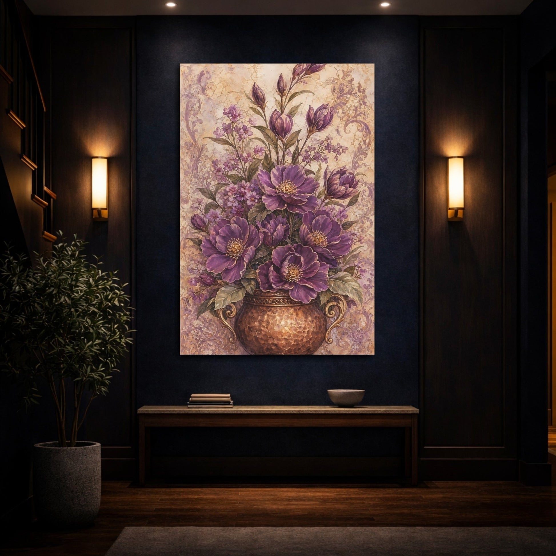 Floral Purple Flowers Vase Canvas Print Wall Art – Vintage Living Room, Above Couch - YesArtYes