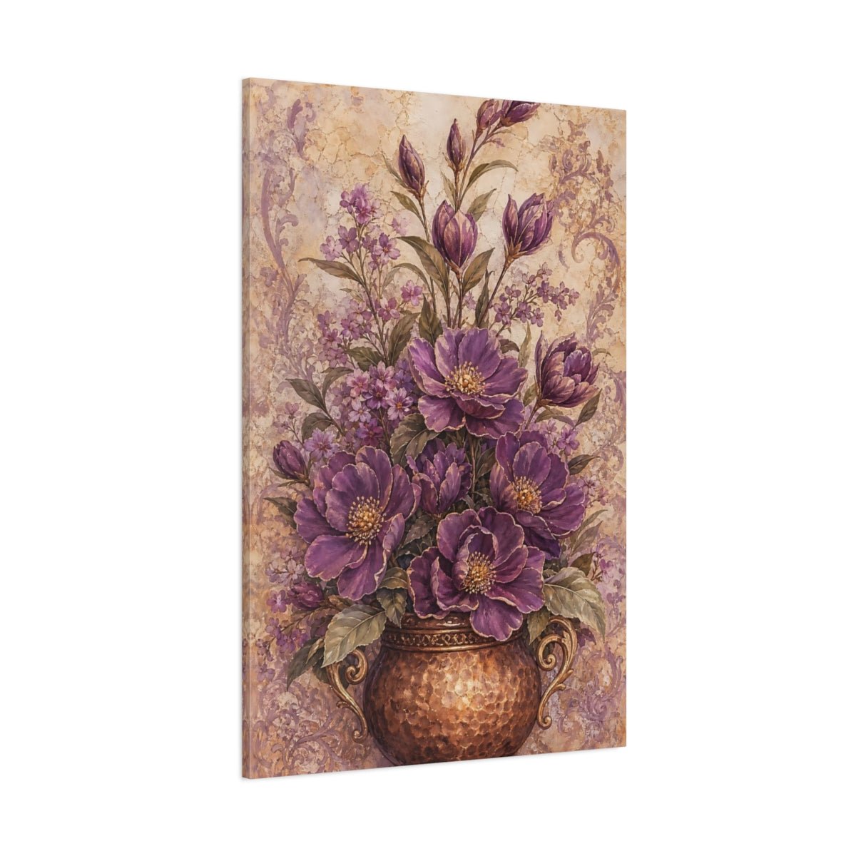 Floral Purple Flowers Vase Canvas Print Wall Art – Vintage Living Room, Above Couch - YesArtYes