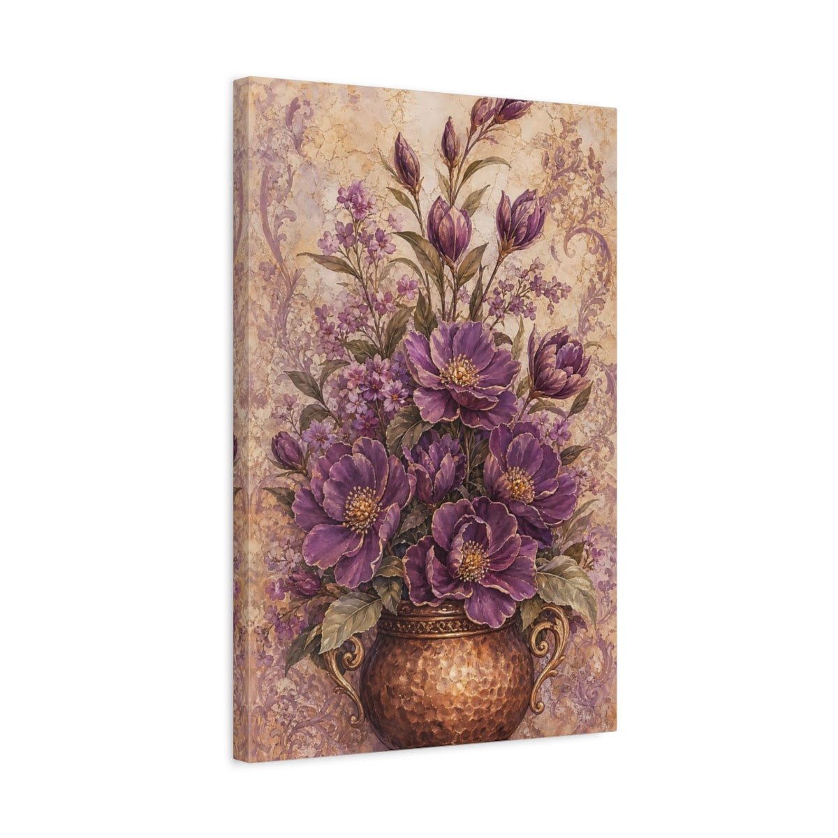Floral Purple Flowers Vase Canvas Print Wall Art – Vintage Living Room, Above Couch - YesArtYes