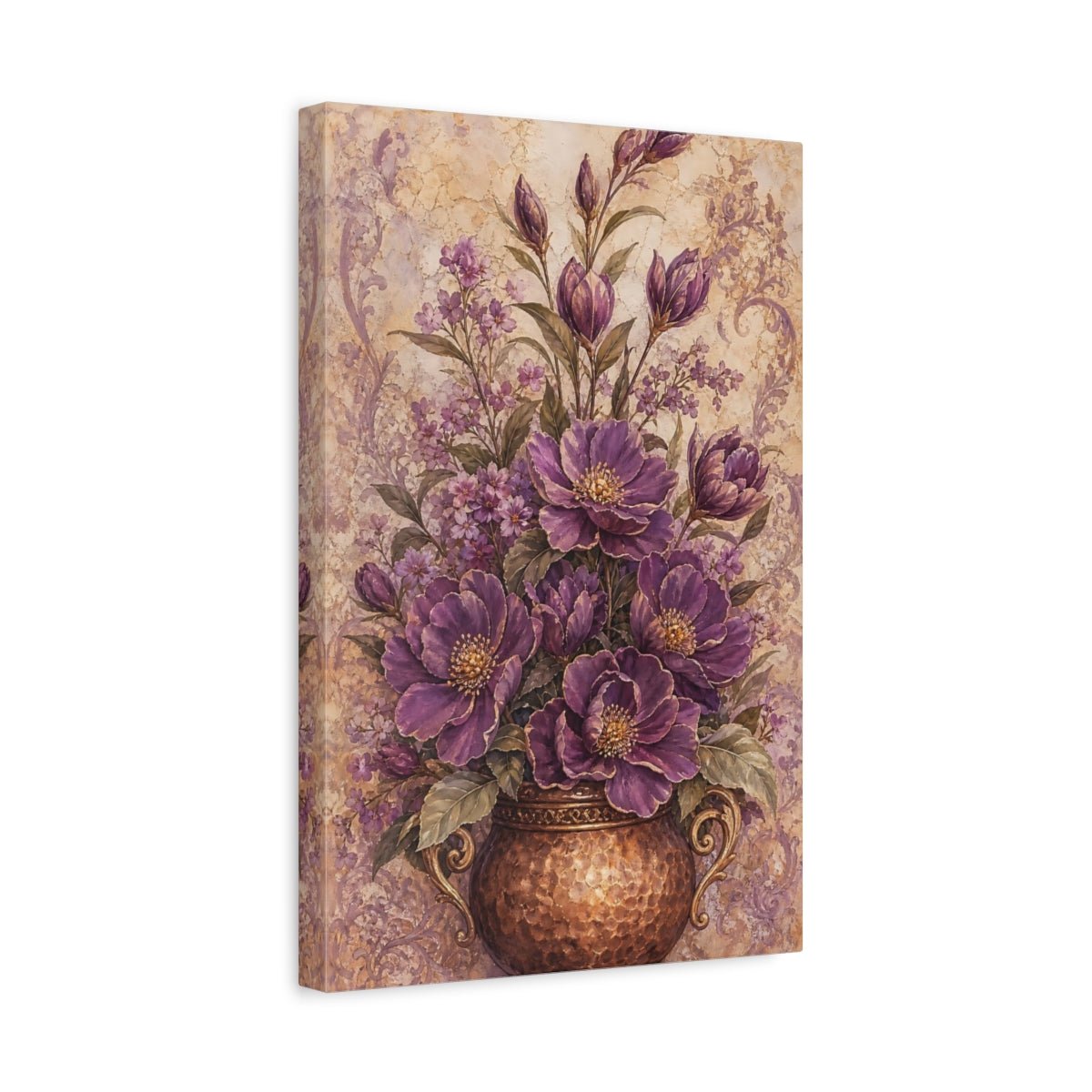 Floral Purple Flowers Vase Canvas Print Wall Art – Vintage Living Room, Above Couch - YesArtYes