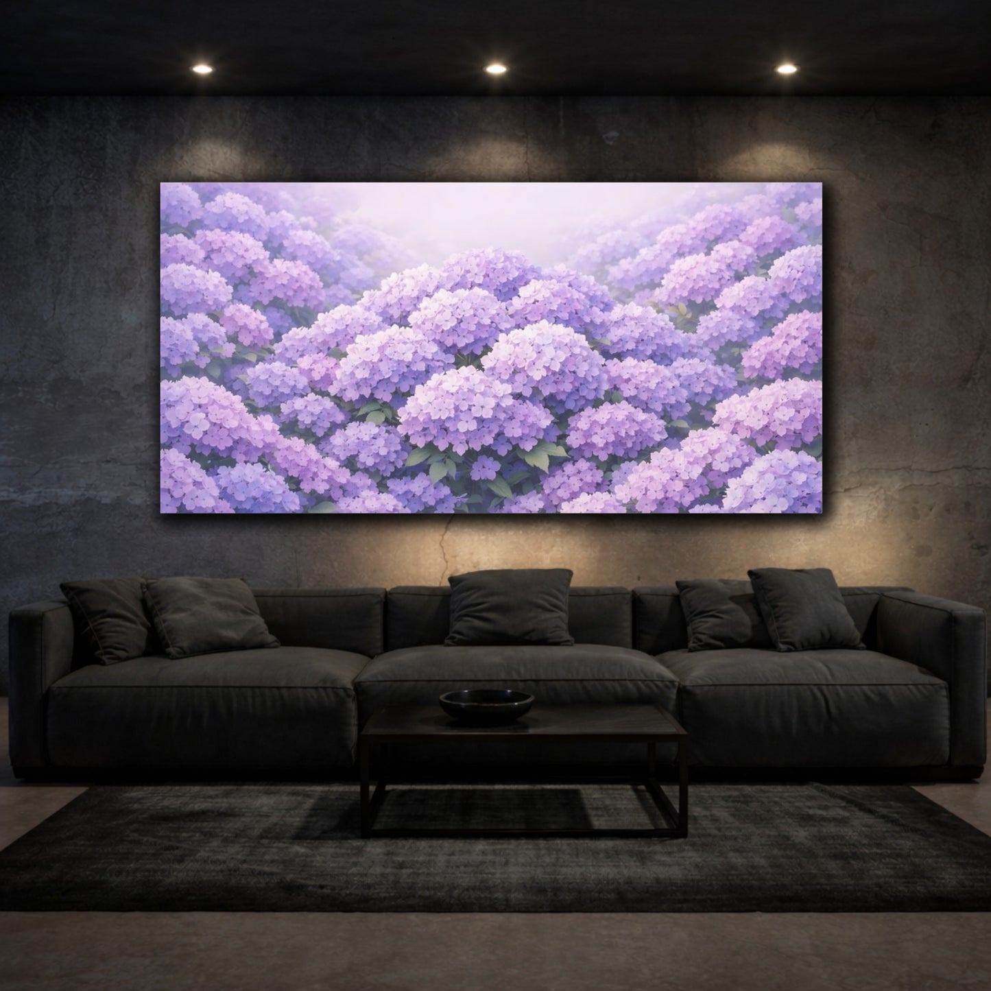 Mockup 2. Floral Purple Hydrangeas Purple Hydrangea shown as stretched canvas wall art
