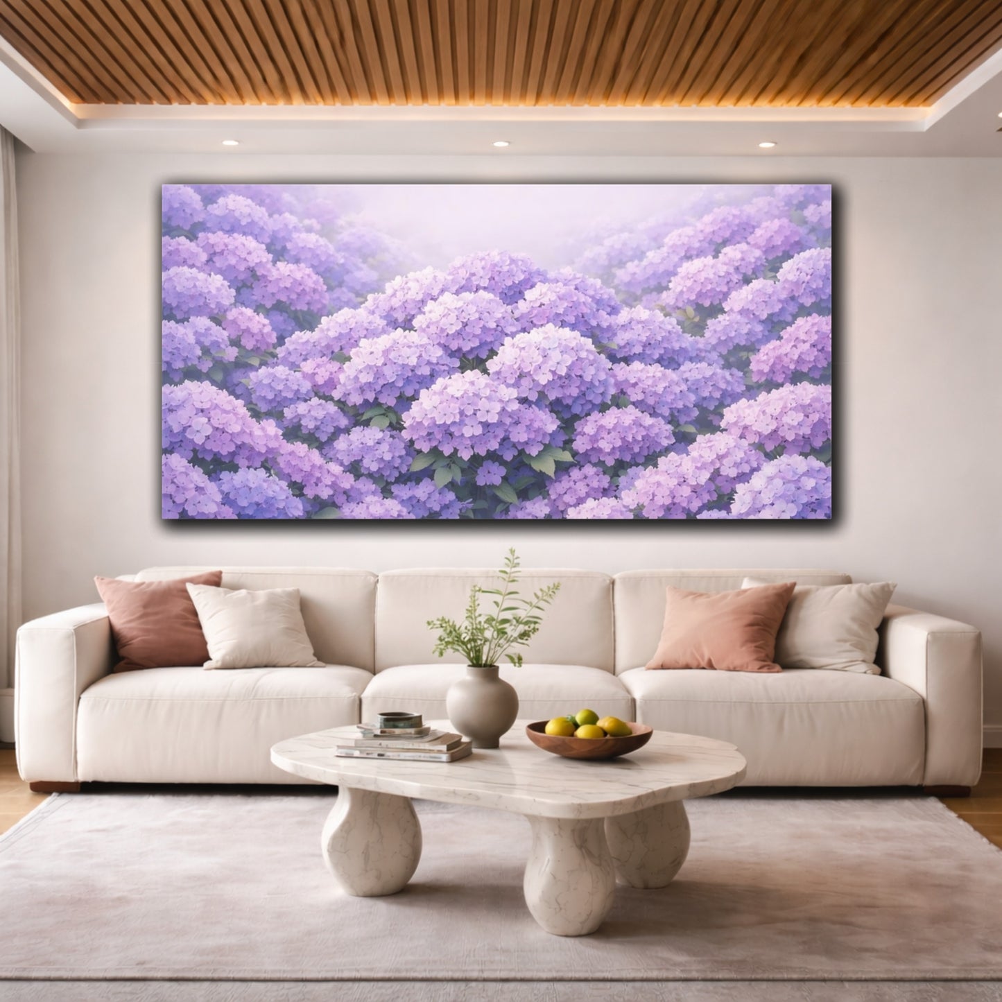 Mockup 3. Floral Purple Hydrangeas Purple Hydrangea shown as stretched canvas wall art