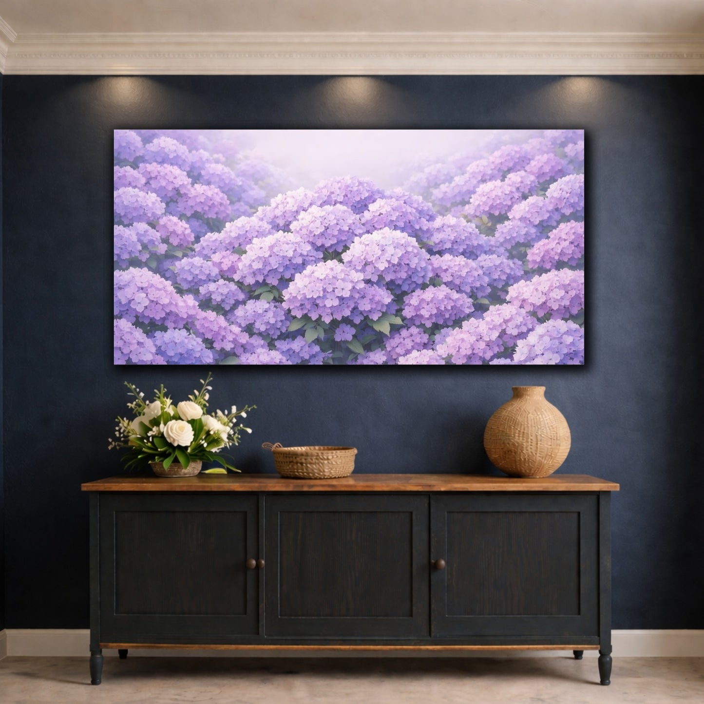 Mockup 4. Floral Purple Hydrangeas Purple Hydrangea shown as stretched canvas wall art