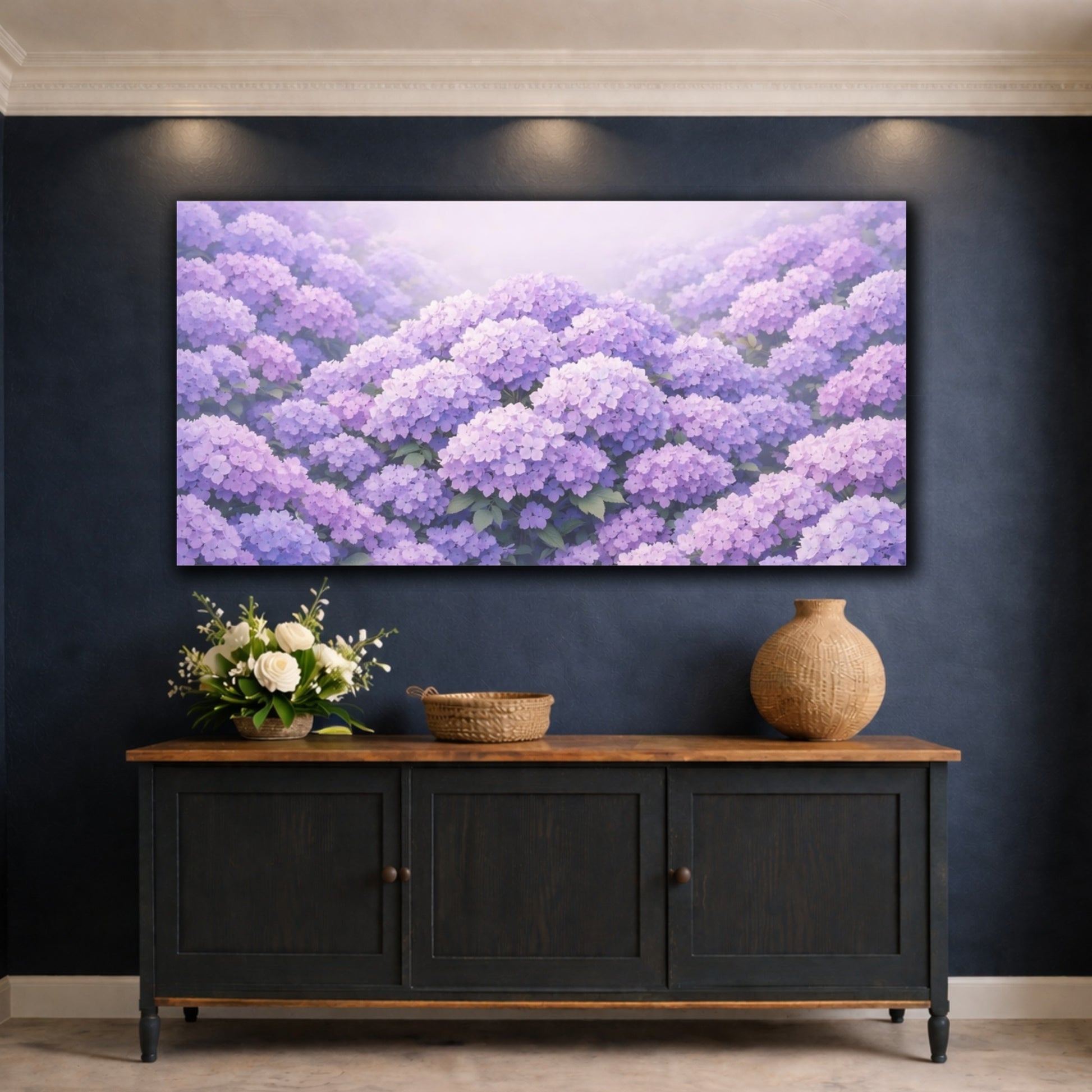 Mockup 4. Floral Purple Hydrangeas Purple Hydrangea shown as stretched canvas wall art