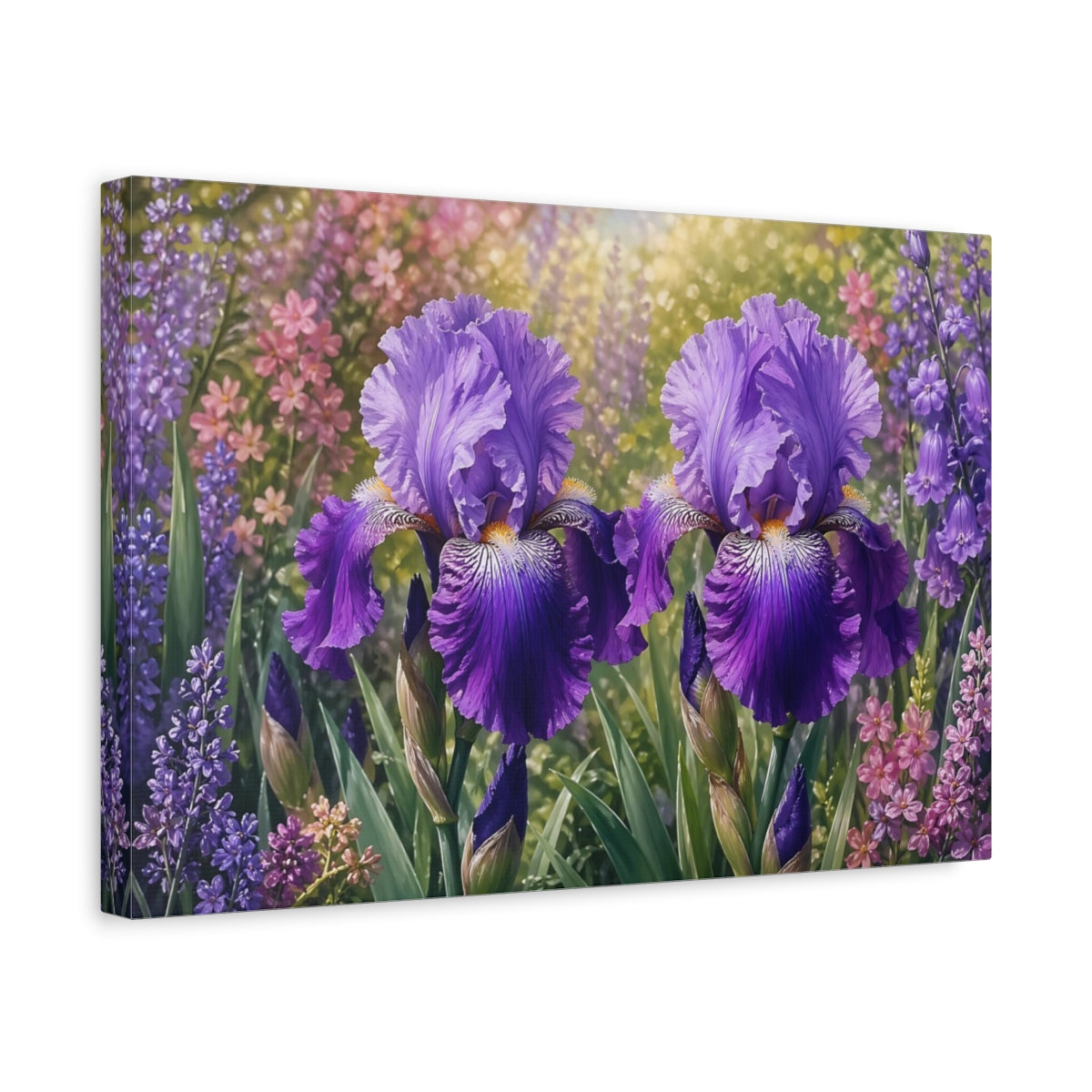 Side Mockup 4. Floral Purple Iris Purple Flowers shown as stretched canvas wall art