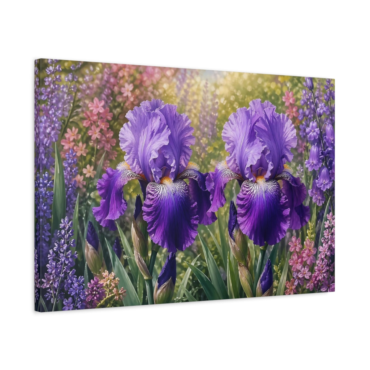Side Mockup 2. Floral Purple Iris Purple Flowers shown as stretched canvas wall art