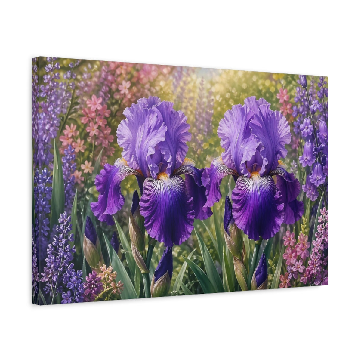 Side Mockup 3. Floral Purple Iris Purple Flowers shown as stretched canvas wall art