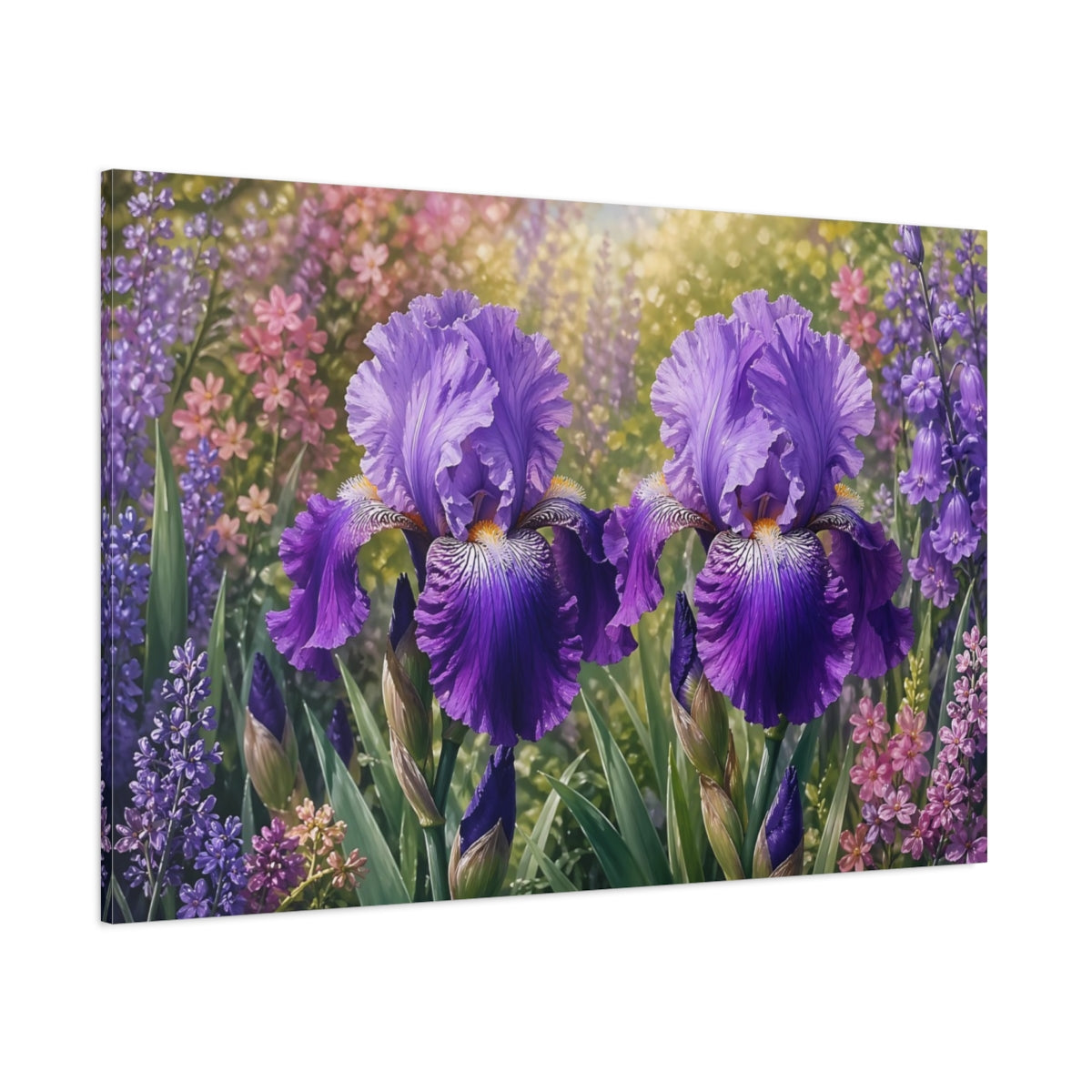 Side Mockup 1. Floral Purple Iris Purple Flowers shown as stretched canvas wall art