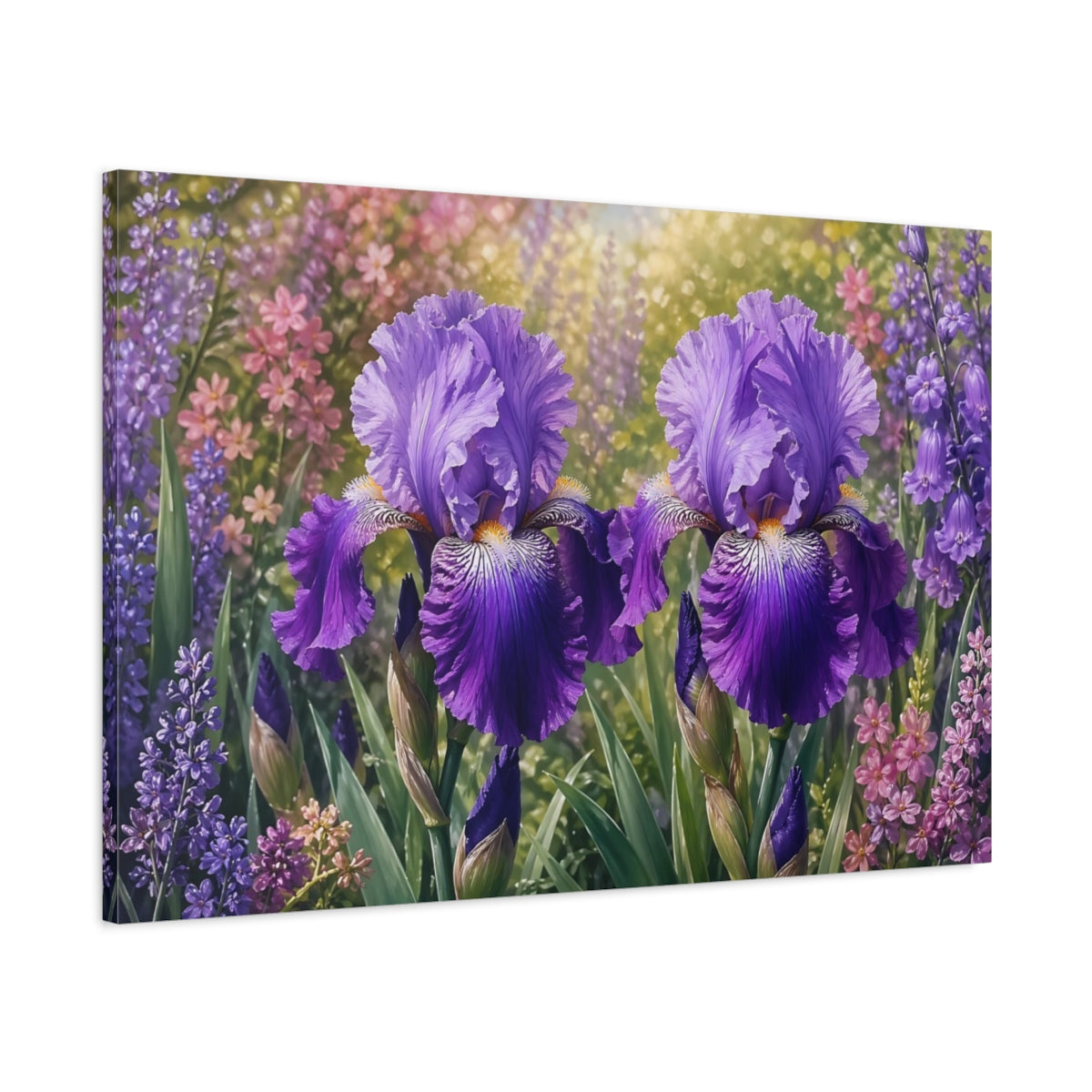 Main Mockup. Floral Purple Iris Purple Flowers shown as stretched canvas wall art